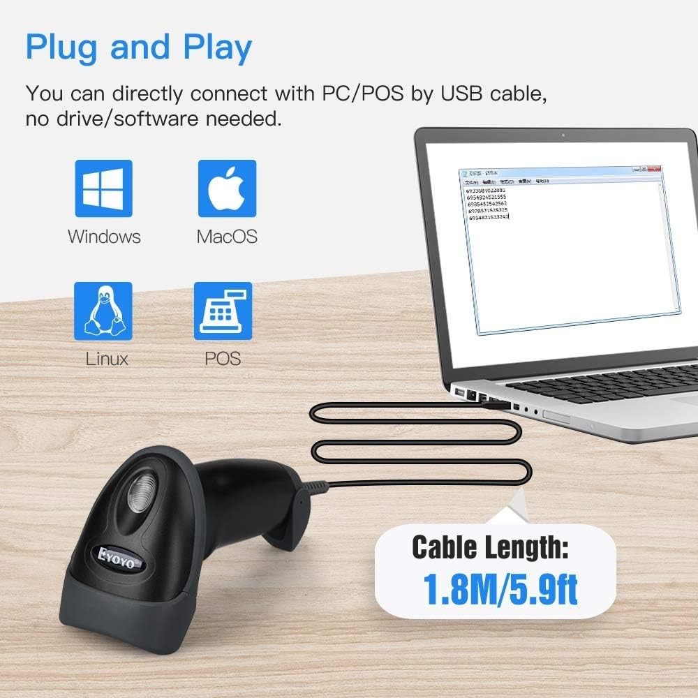 Lightweight Wired Barcode Scanner with High Compatibility for All Major Software