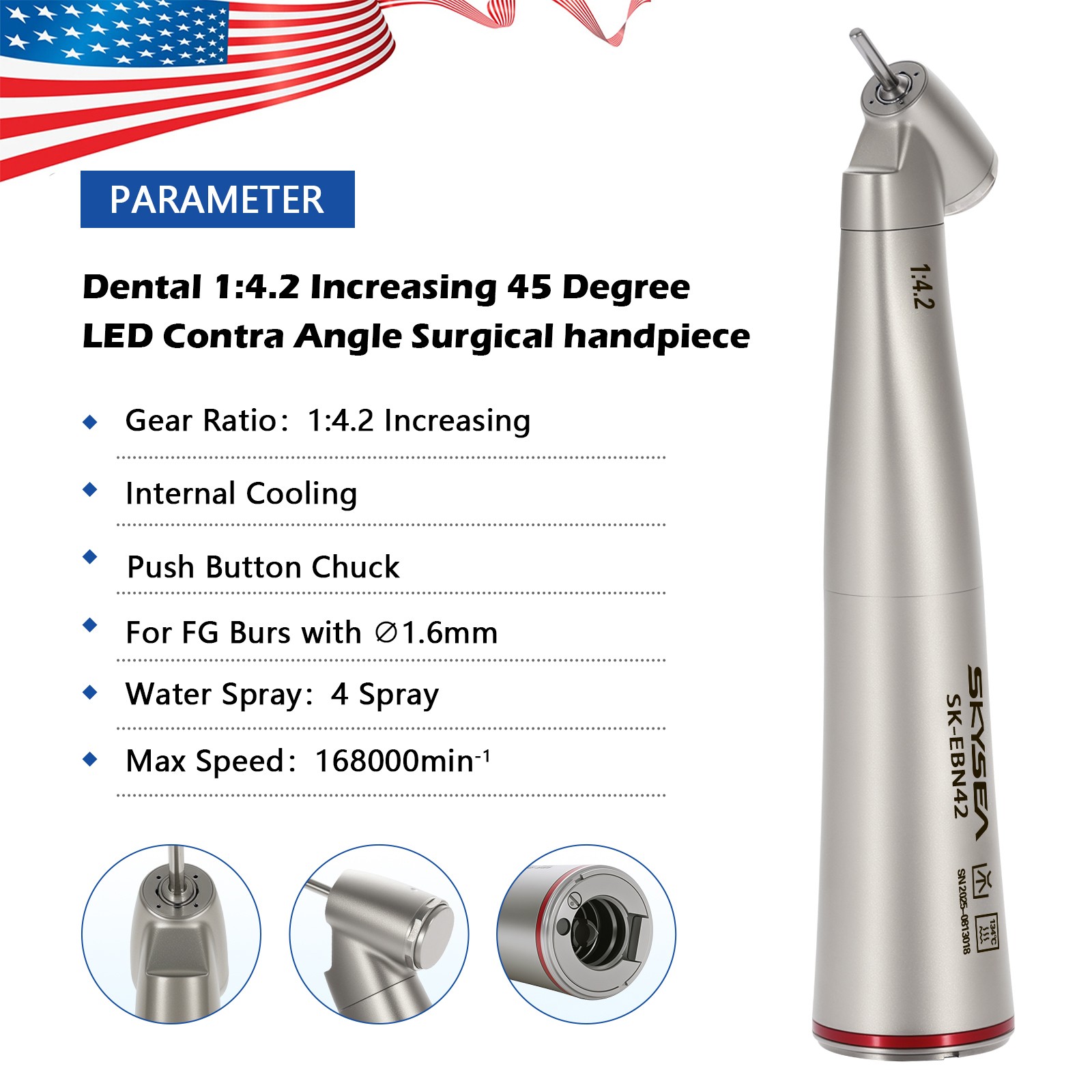 Dental 1:4.2 Increasing LED Contra Angle Surgical 45° Fiber Optic Handpiece