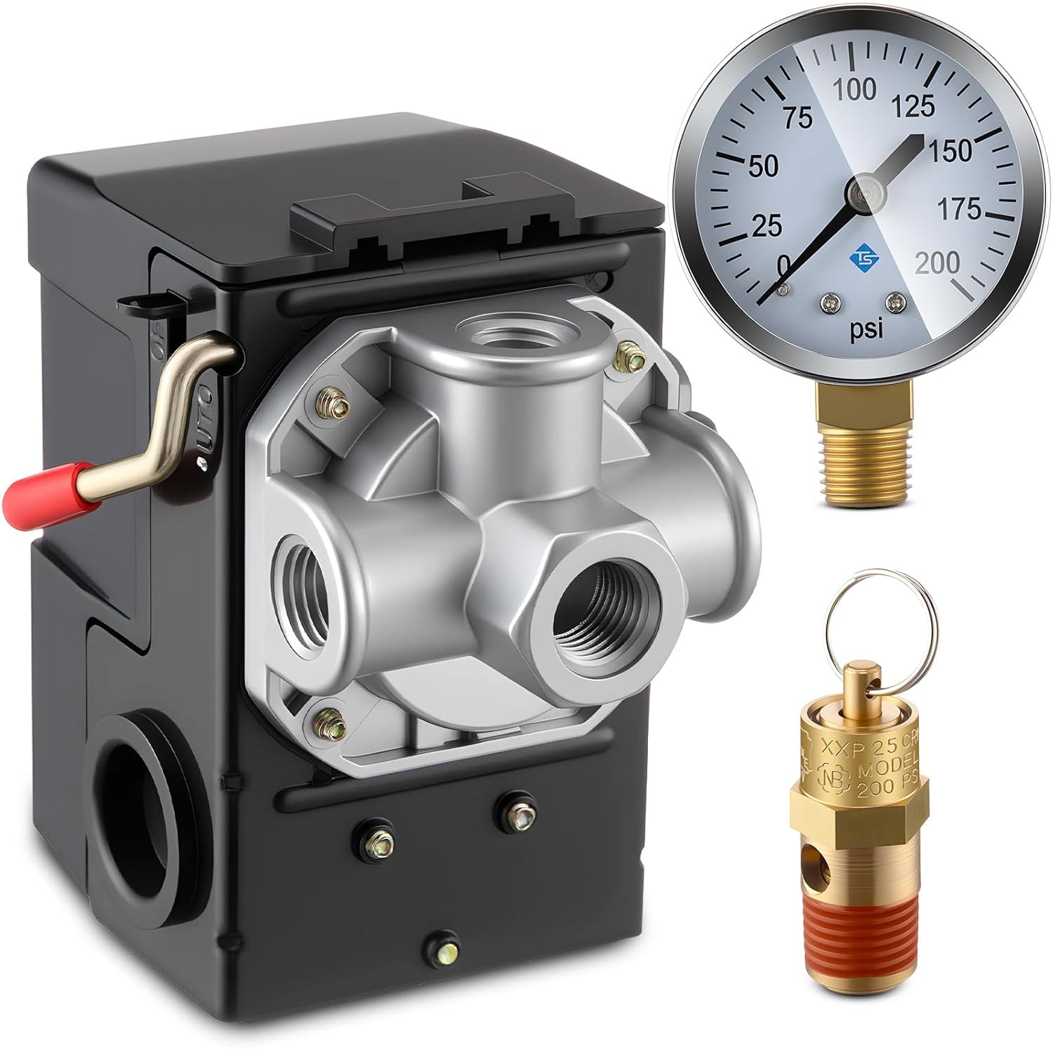 Air Compressor Pressure Switch 90-120 4-Port 20 Amp with 0-200 PSI Gauge and 200