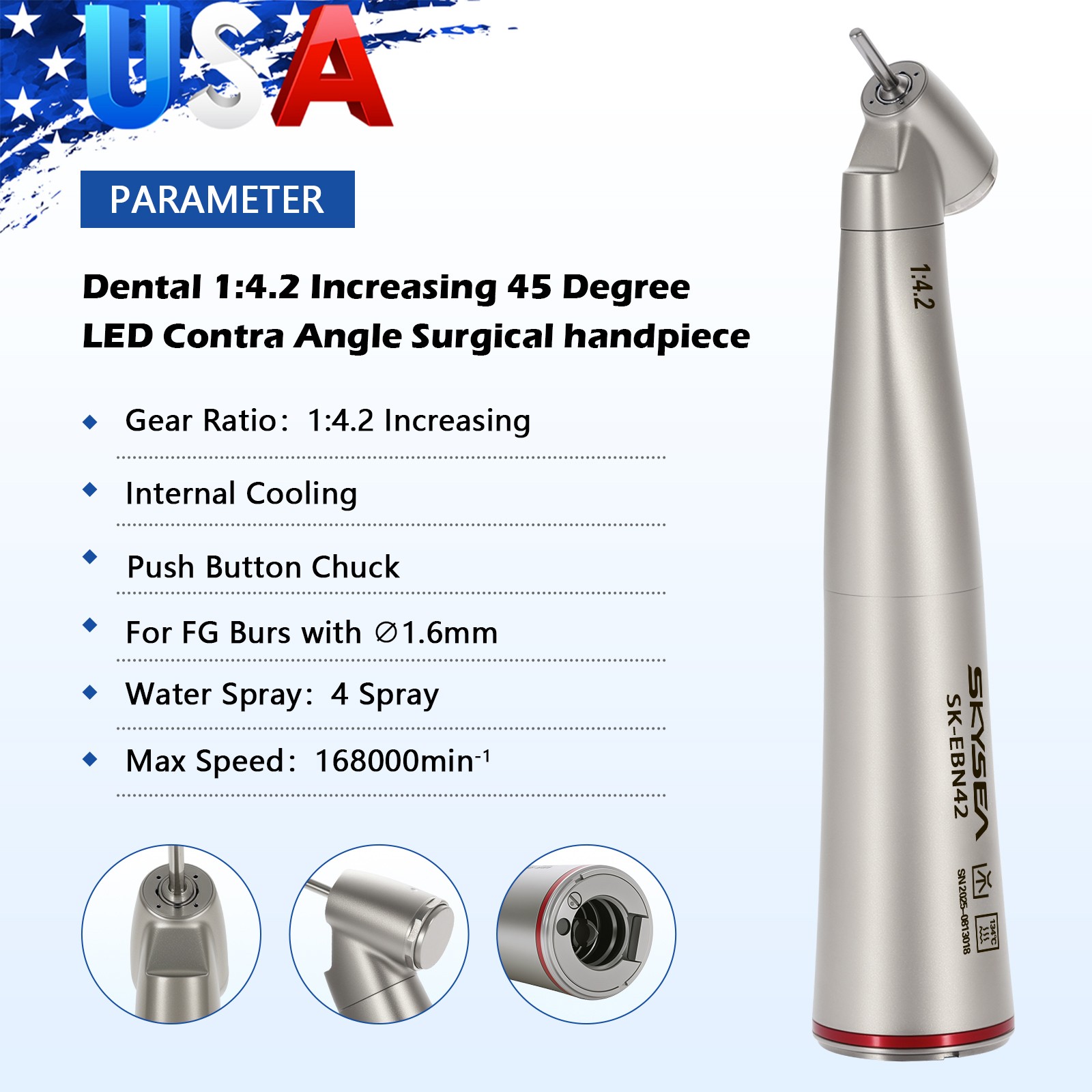 Dental 1:4.2 Increasing LED Contra Angle Surgical 45° Fiber Optic Handpiece