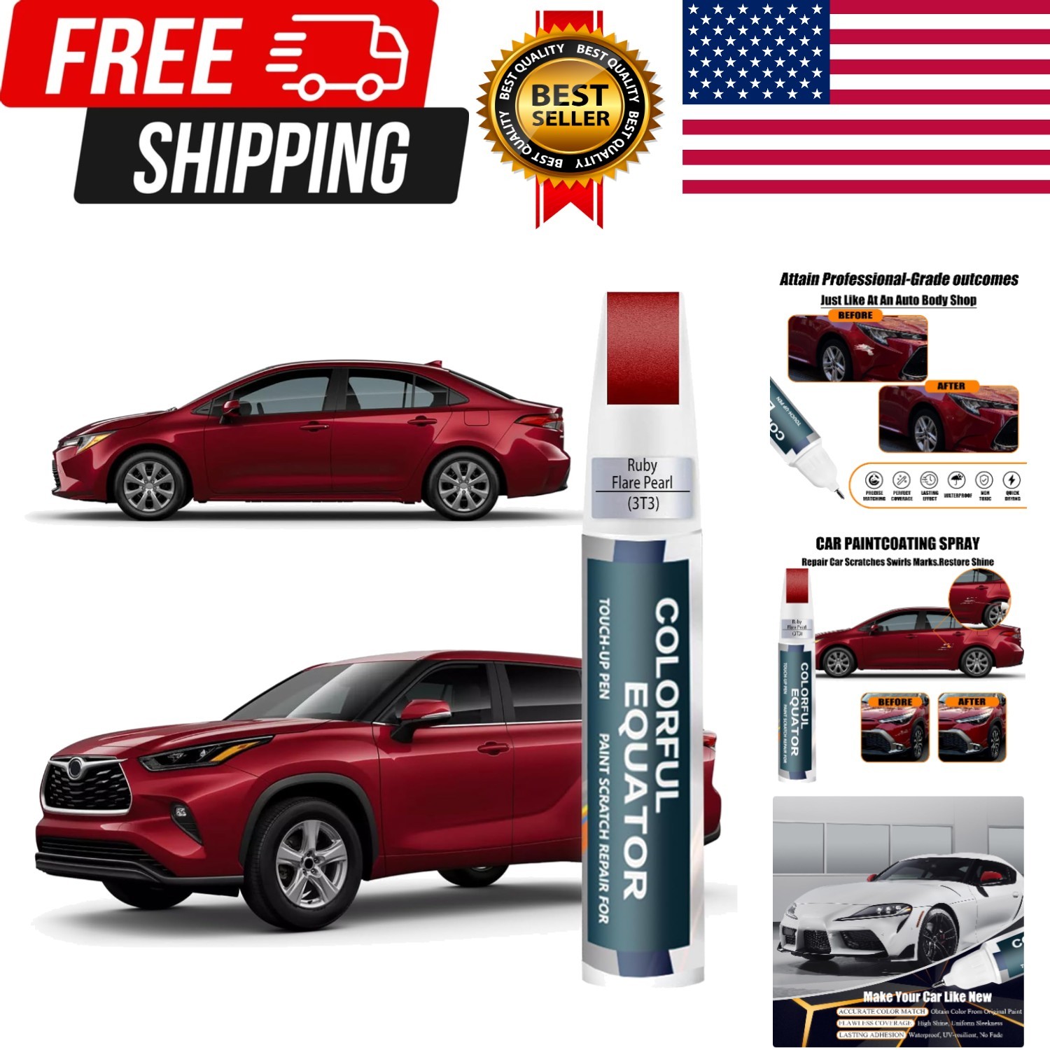 3t3 Ruby Flare Pearl Touch Up Paint for Toyota, Car Paint Pen Scratch Repair