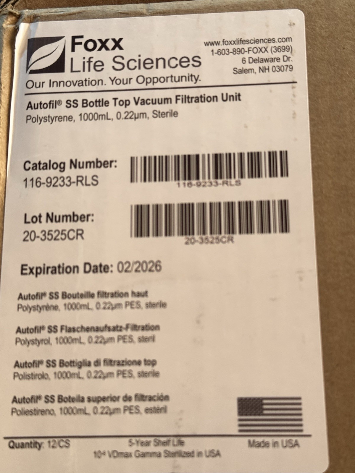 1 Case Autofil SS 1000mL Rapid Flow Bottle Top Filter 0.22μm Sterile 12pcs