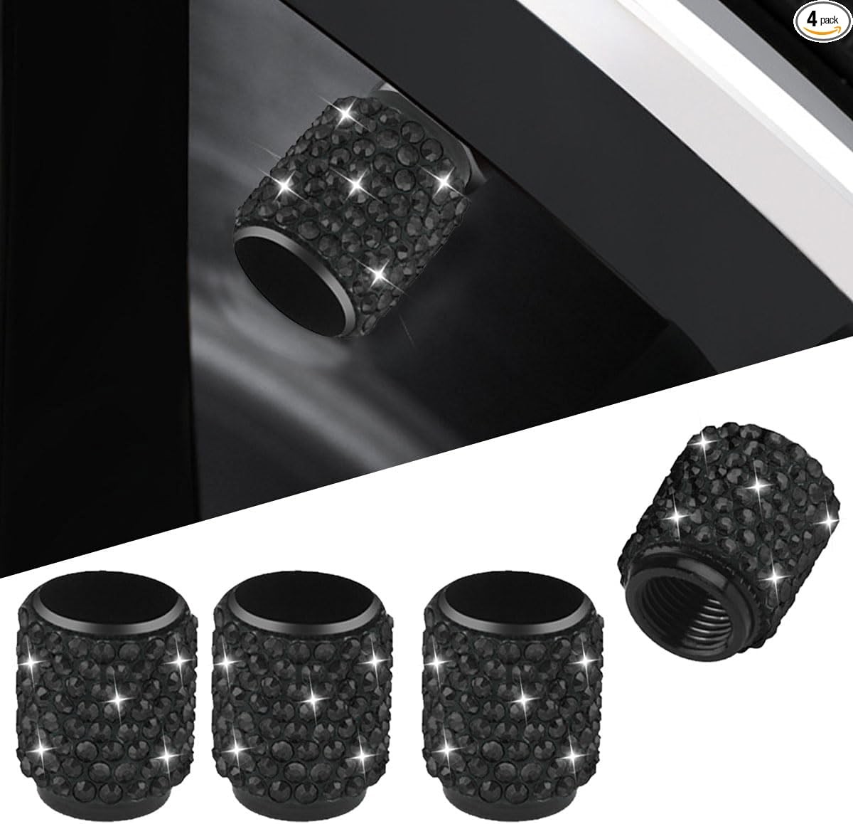 4PCS Handmade Bling Crystal Diamond Tire Valve Caps – Shiny Rhine Color: Black