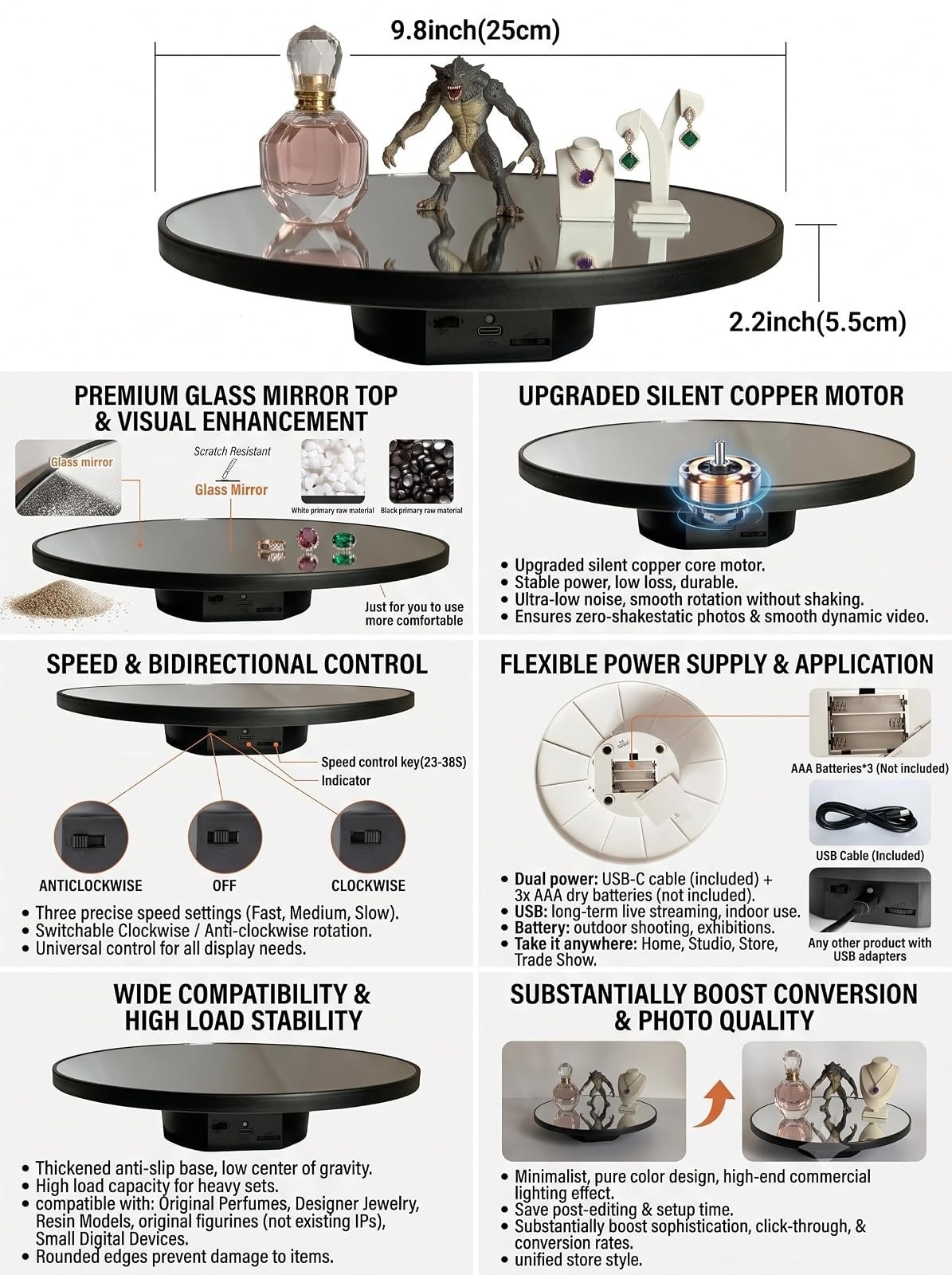JAYEGT Motorized Rotating Display Stand 10″ for Photography & Jewelry