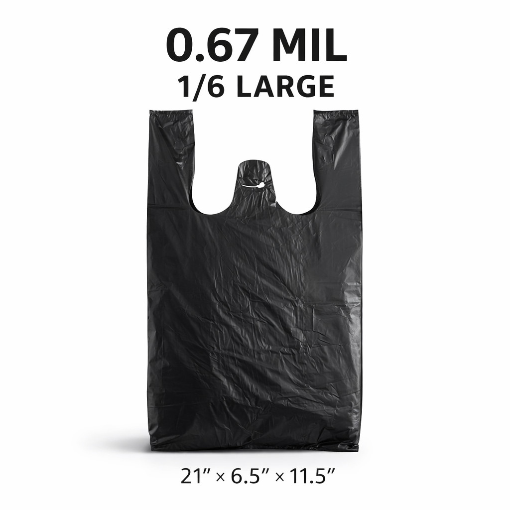 1/6 Black T-Shirt Bags 0.67 Mil Medium Duty 21×6.5×11.5 Case/1000/2000