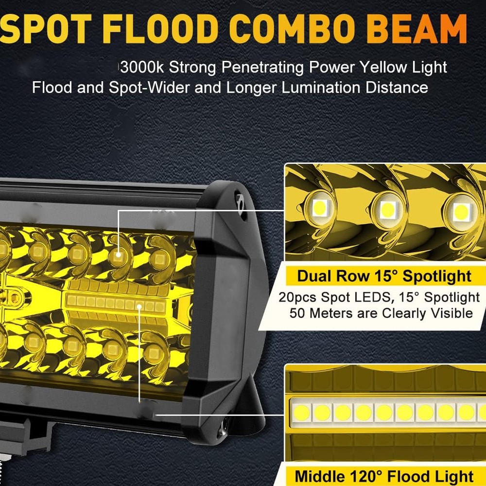 2x 7Inch Yellow LED Work Light Bar Flood Spot Pod Offroad Fog Driving ATV Truck
