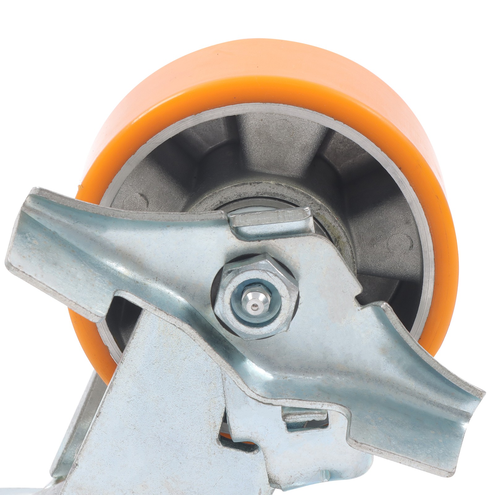 4″ Side Brake Polyurethane Plate Casters, 3200 Pounds, Silver + Qrange, 4 Pieces