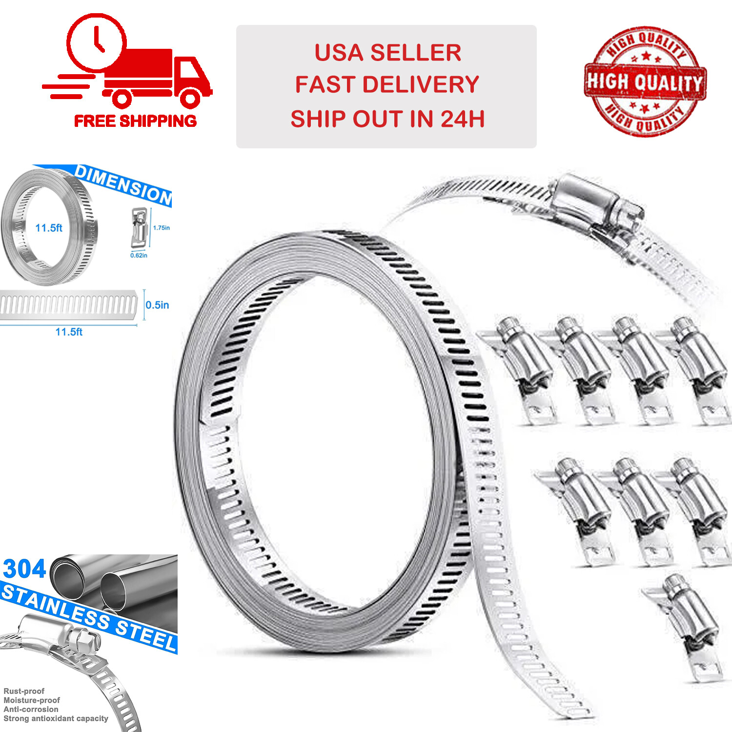 11.5FT Adjustable Large Hose Clamps Worm Gear Stainless Steel Clamp +8 Fasteners