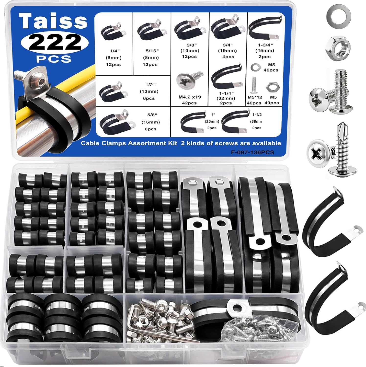222PCS Cable Clamps Assortment Kit 304 Stainless Steel Rubber Cushion Pipe Clamp