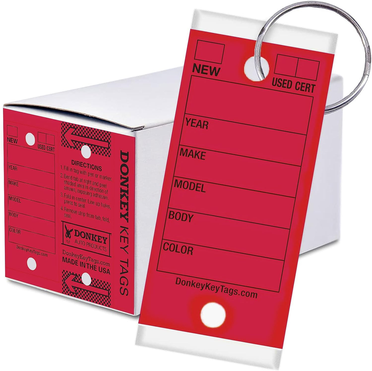 Donkey Key Tags, Laminated Self-Protecting (250 Tags per Box with Metal Rings)