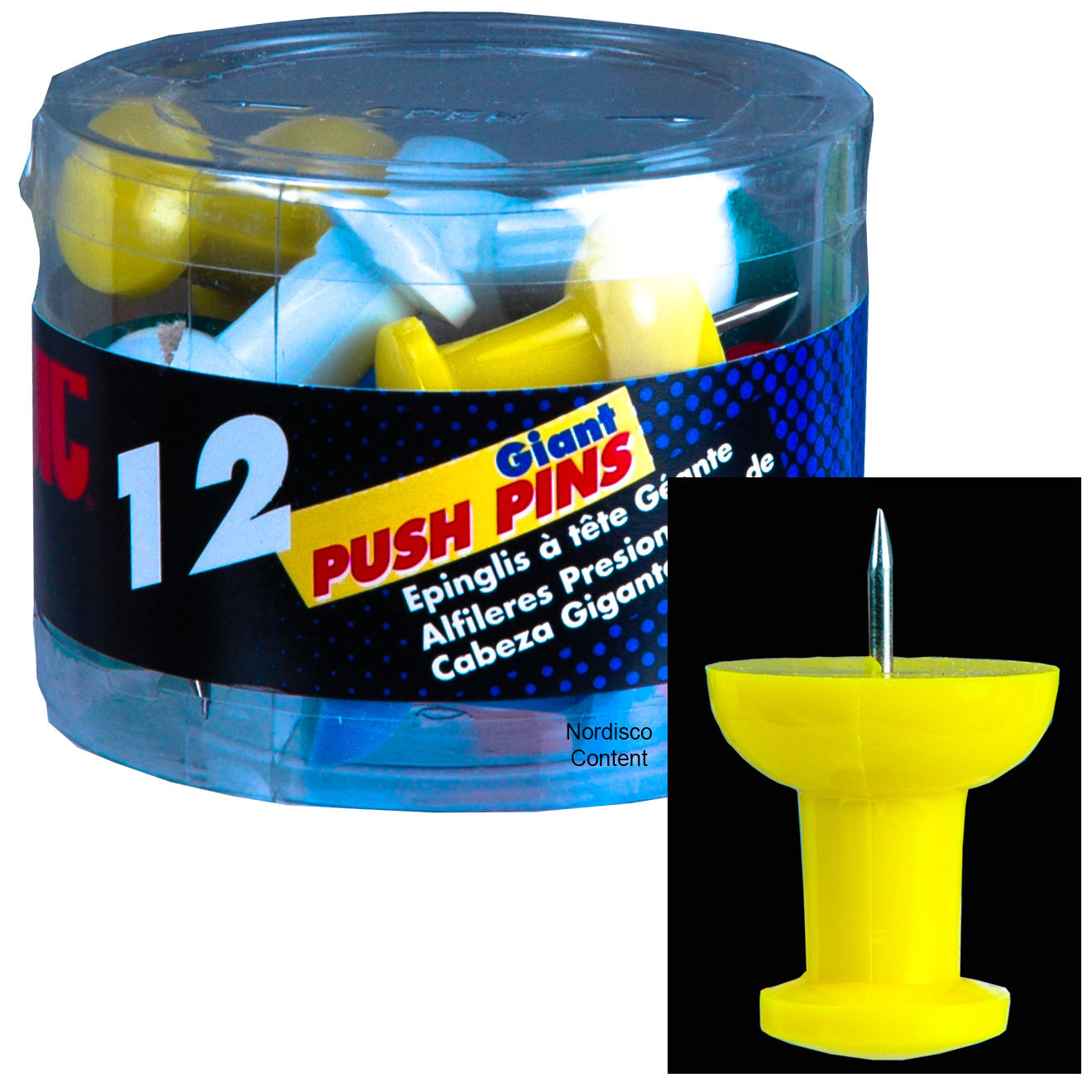 OIC 92902 Giant Push Pins, Assorted Colors, Tub of 12