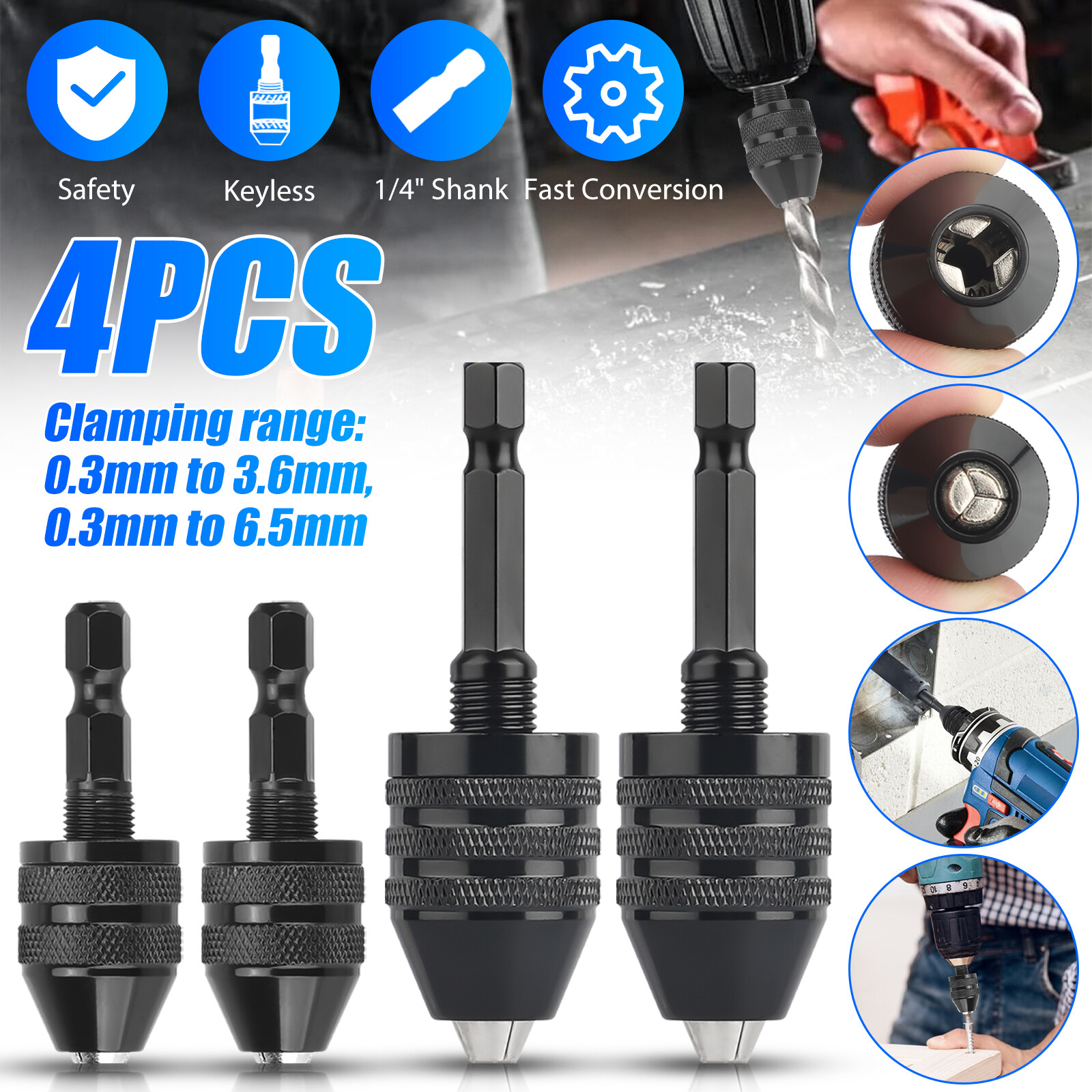 4Pcs 1/4″Hex Shank Keyless Drill Chuck Adapter Bit Quick Change Converter Driver