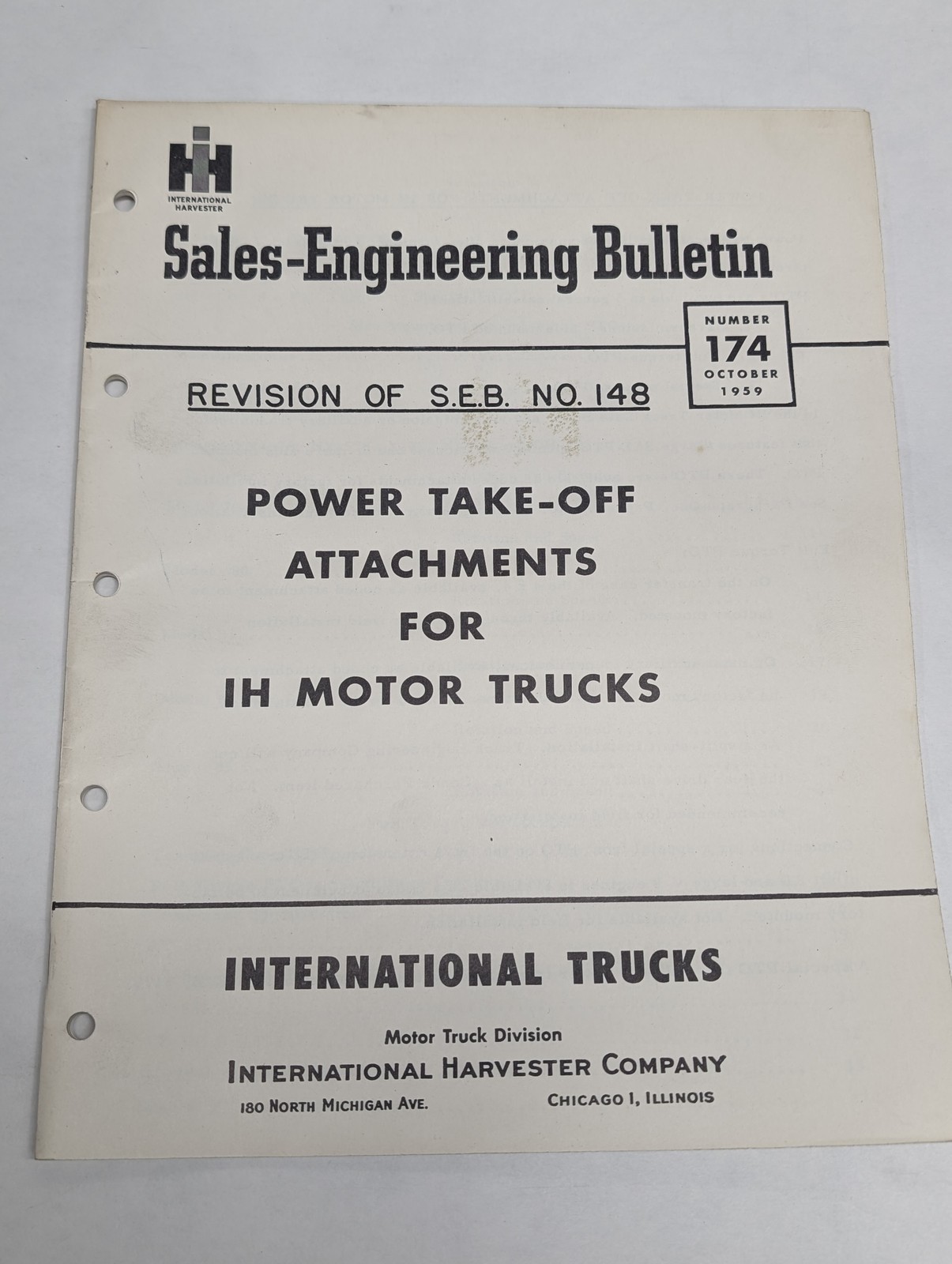 INTERNATIONAL IH PTO ATTACHMENTS MOTOR TRUCKS SALES ENGINEERING BULLETIN 1959