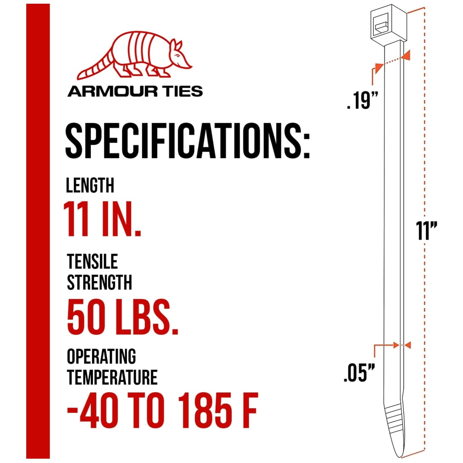 11 Inch Black Zip Ties, 50 lb Tensile Strength, 1000-Pack