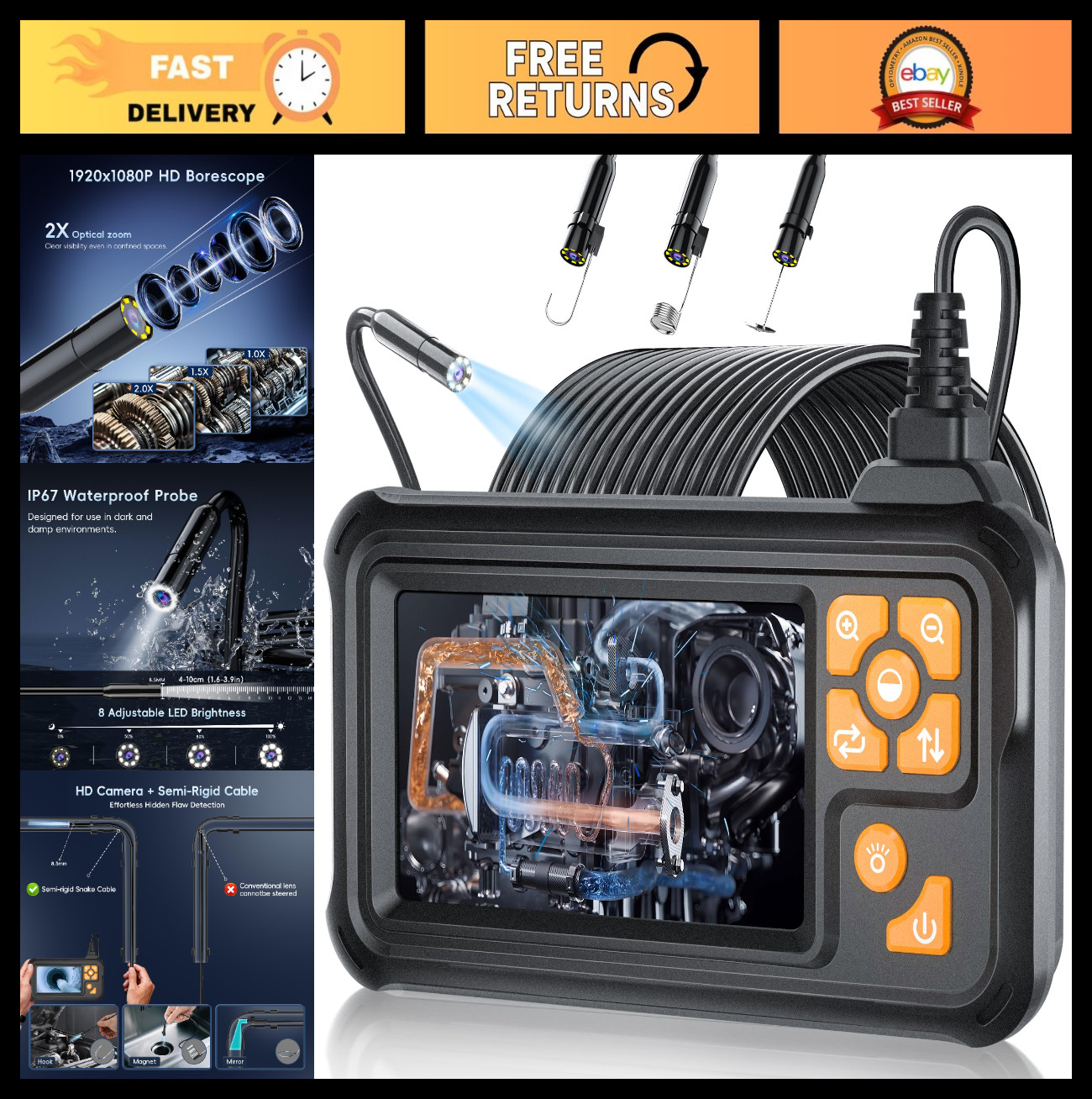 50FT Waterproof Endoscope Camera, 1080P HD Borescope with 8 LED Lights, 4.3″ Scr
