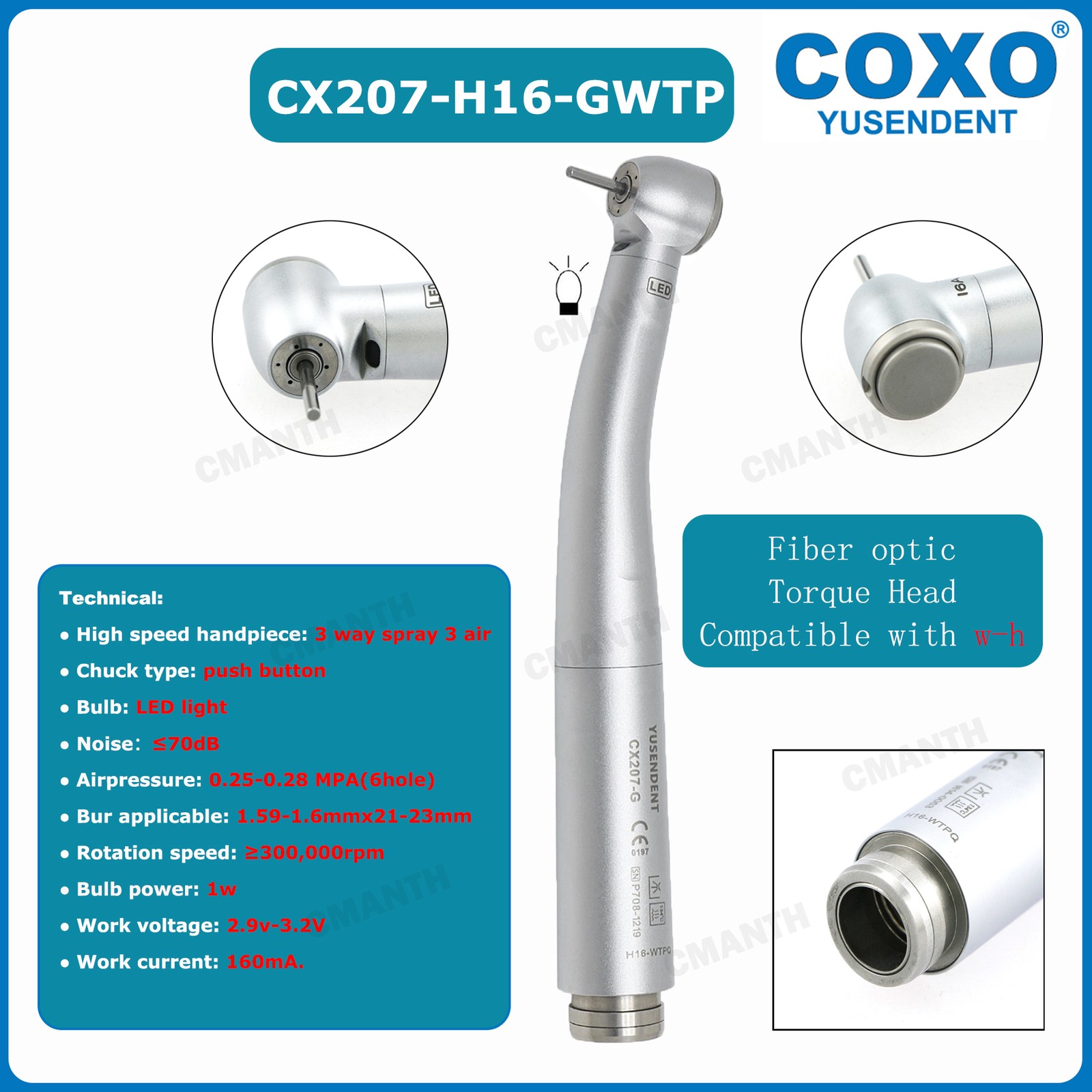 COXO Dental High Speed Handpiece Fiber Optic Turbine 6Hole LED Coupling CX207-G