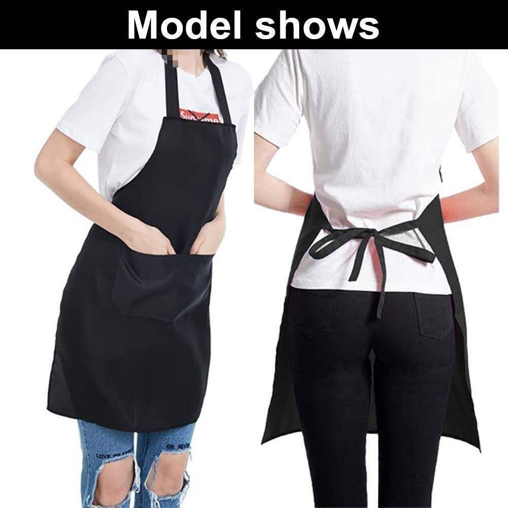 1-100X Unisex Black Bib Aprons with 2 Pockets for Chef Waiter Kitchen Restaurant