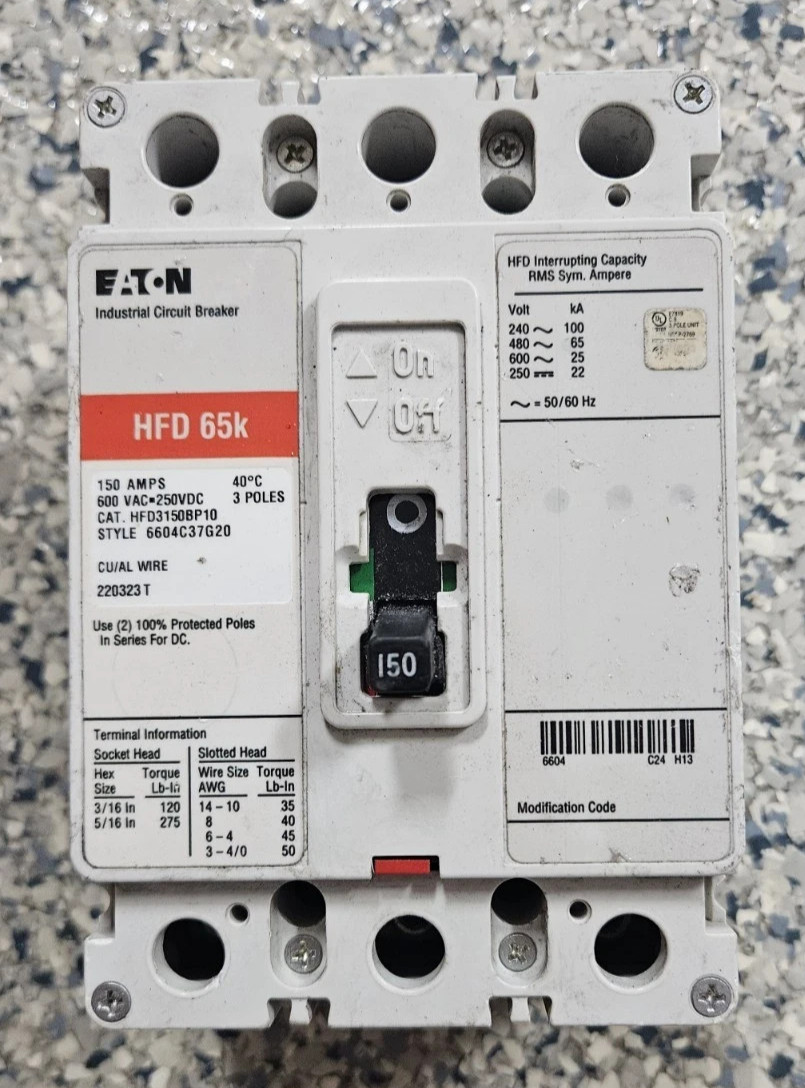 Eaton HFD 65k 3-Pole Industrial Circuit Breaker 150A/125A 600VAC/250VDC