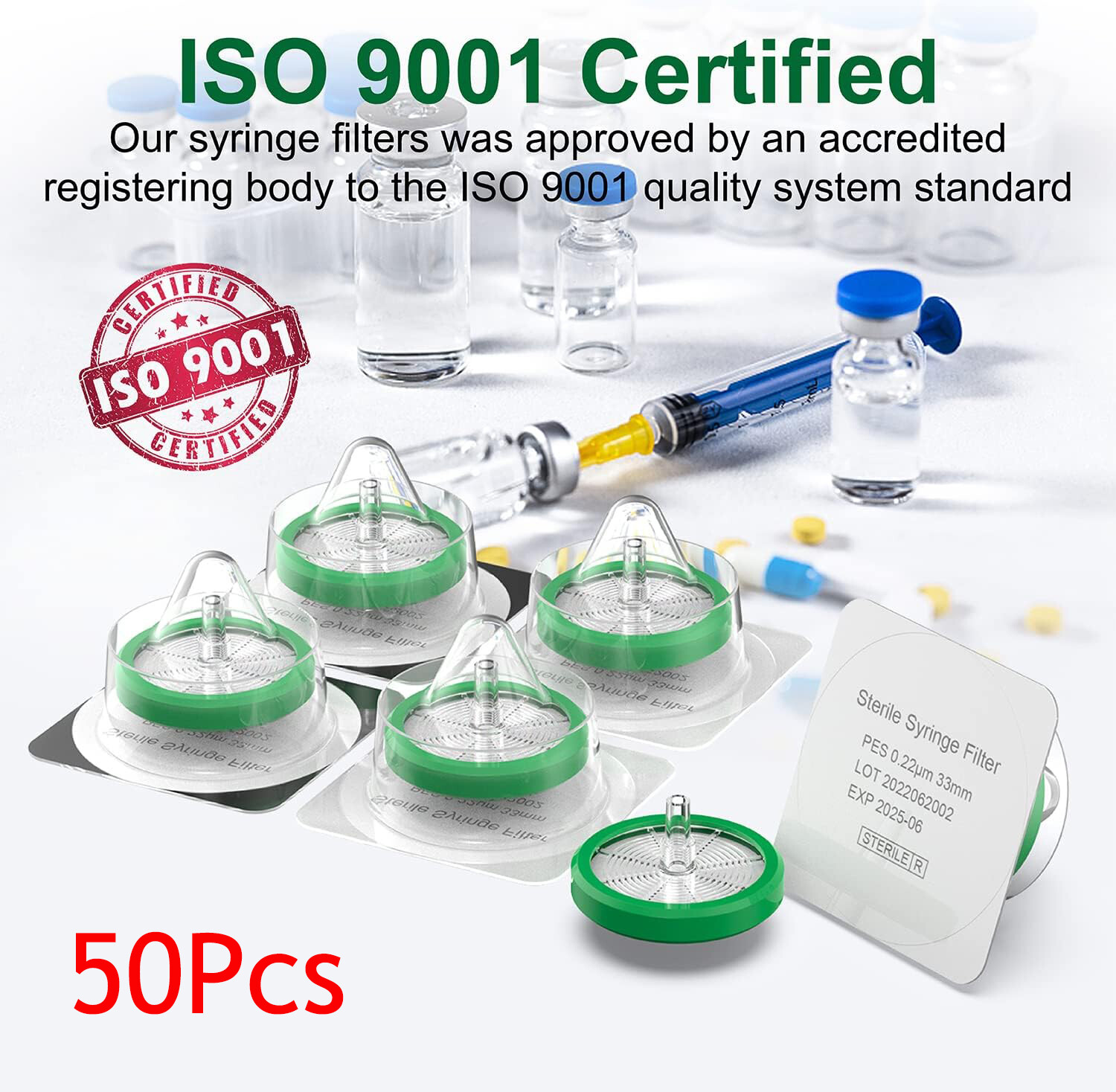 Set of 50 Sterile Syringe Filter PES Membrane Filtration 33mm 0.22μm Lab Filters