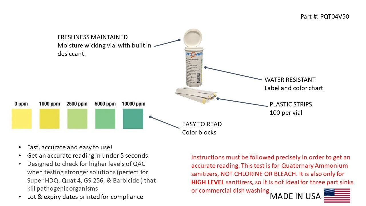 Very High-Level Quaternary Ammonium (QAC, Multi Quat) Test Strips, 0-10,000 ppm