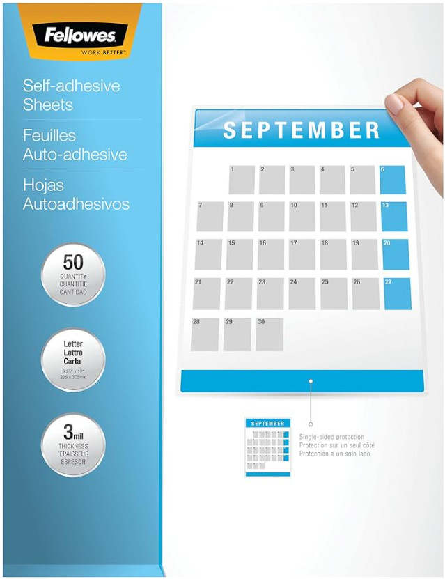 Fellowes Self Adhesive Sheets (52215) 50 Sheets 9.13″x11.85″ 3mil