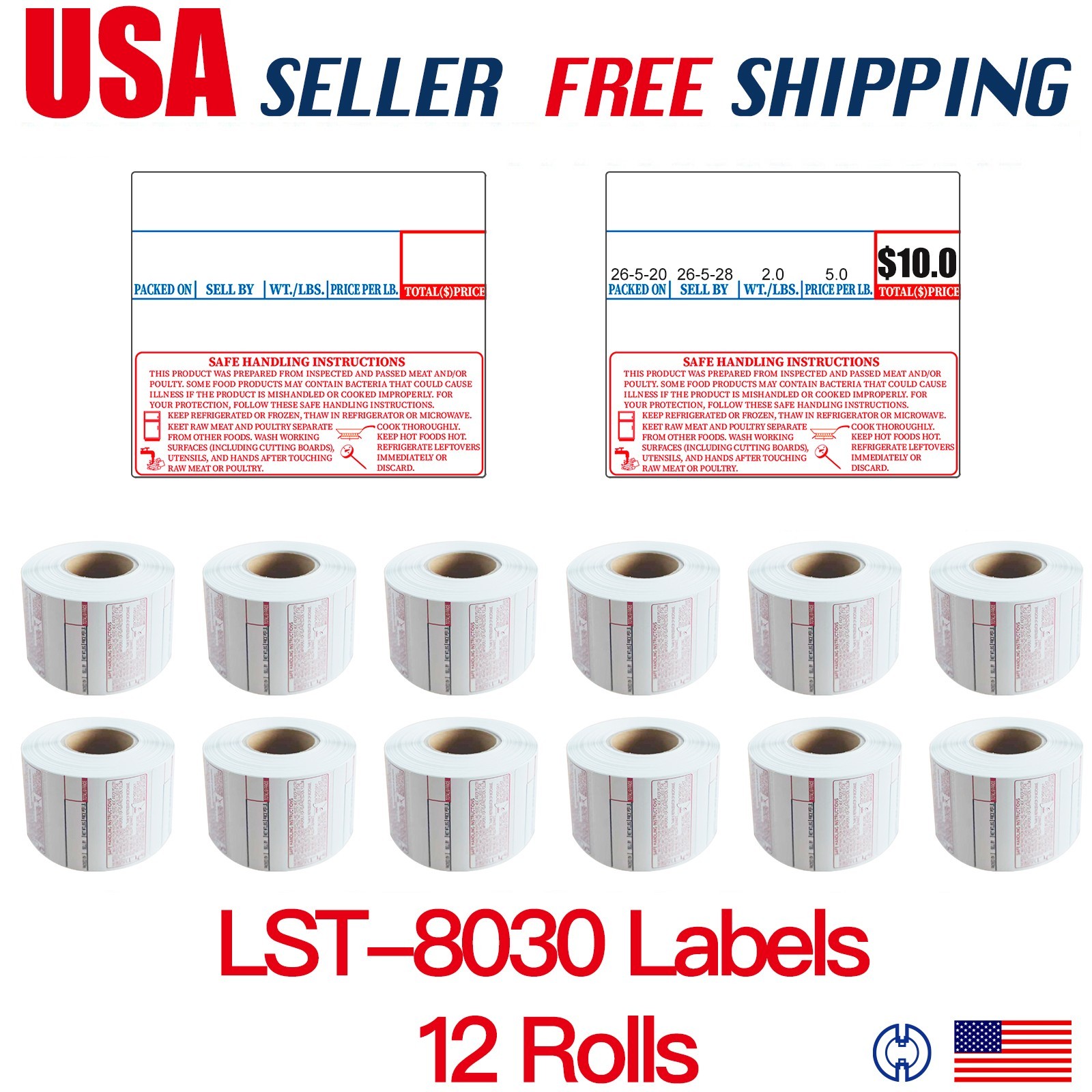 CAS LST-8030 Printing Scale Label, 58 x 50 mm, UPC/Safe Handling, 12 Rolls H