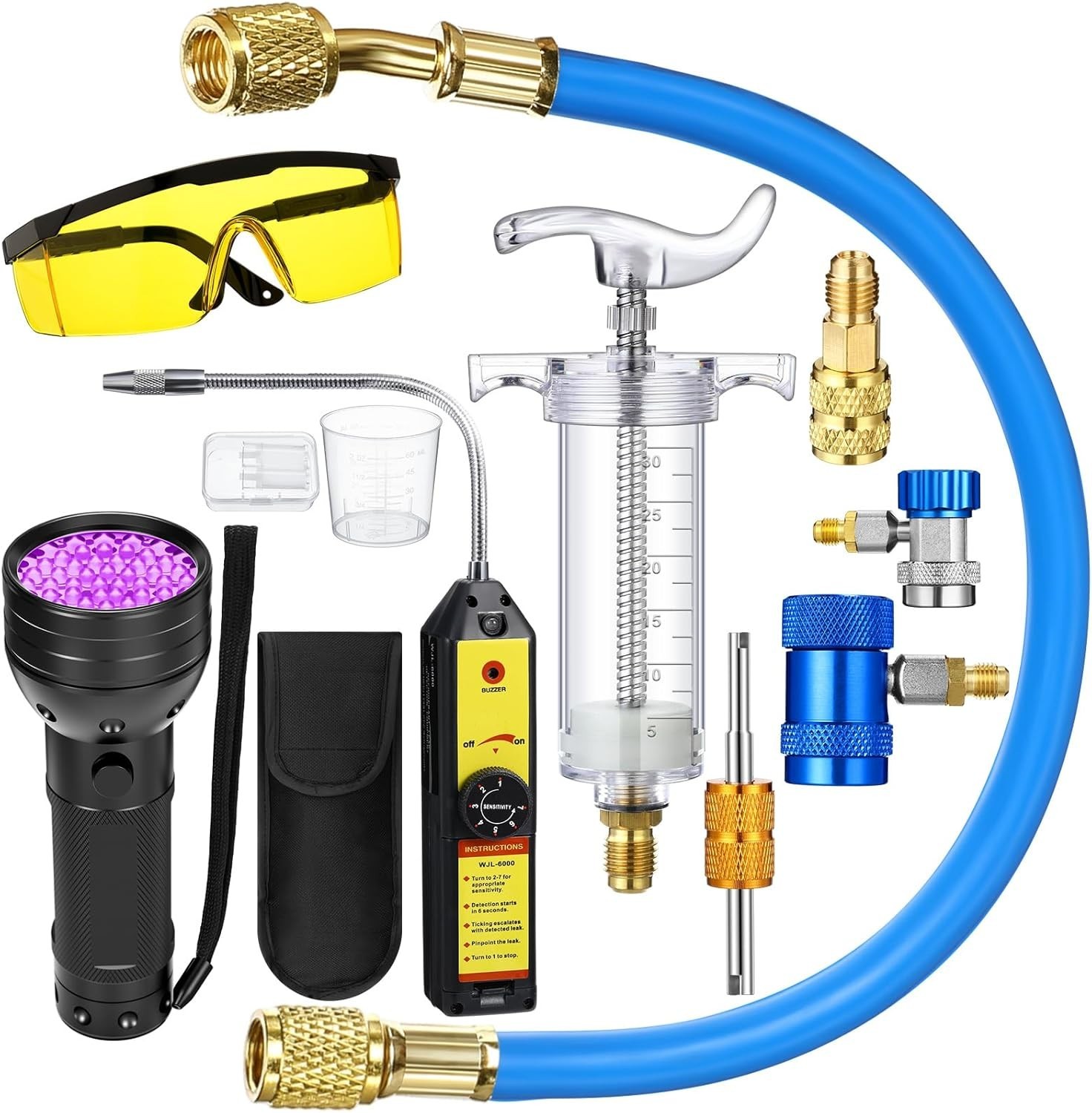 AC Leak Detector Kit for R1234yf, R134a & R410a with UV Dye & Oil Injector