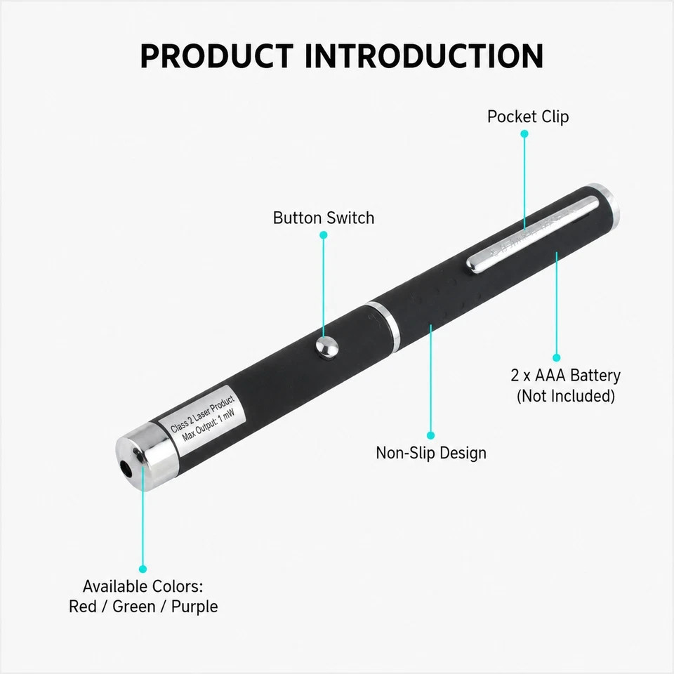 Class II Presentation Laser Pointer Pens Red Green Violet 1mW AAA 3-Pack