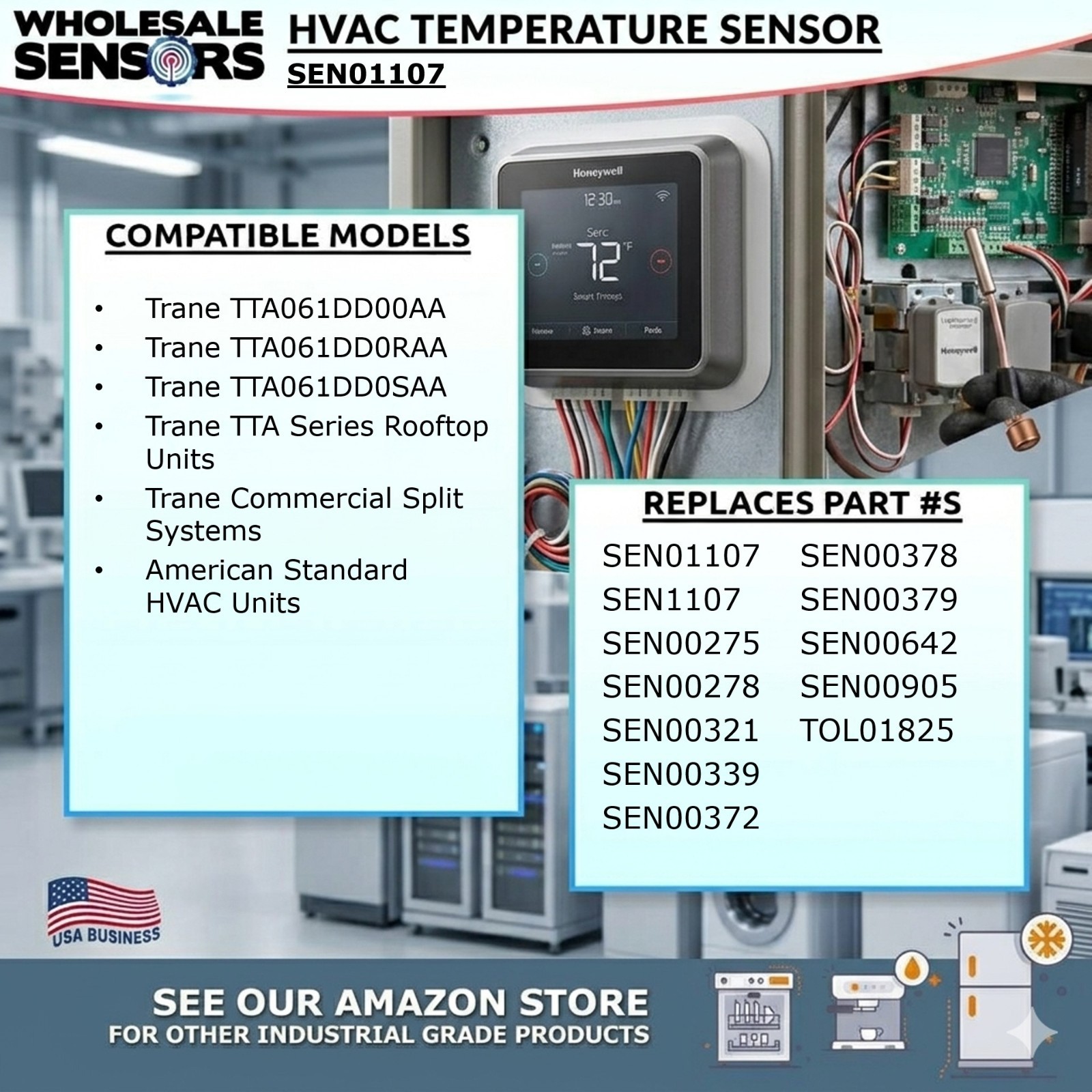 Replacement Trane SEN01107 Thermistor Sensor with 12″ Leads, 12 Month Warranty