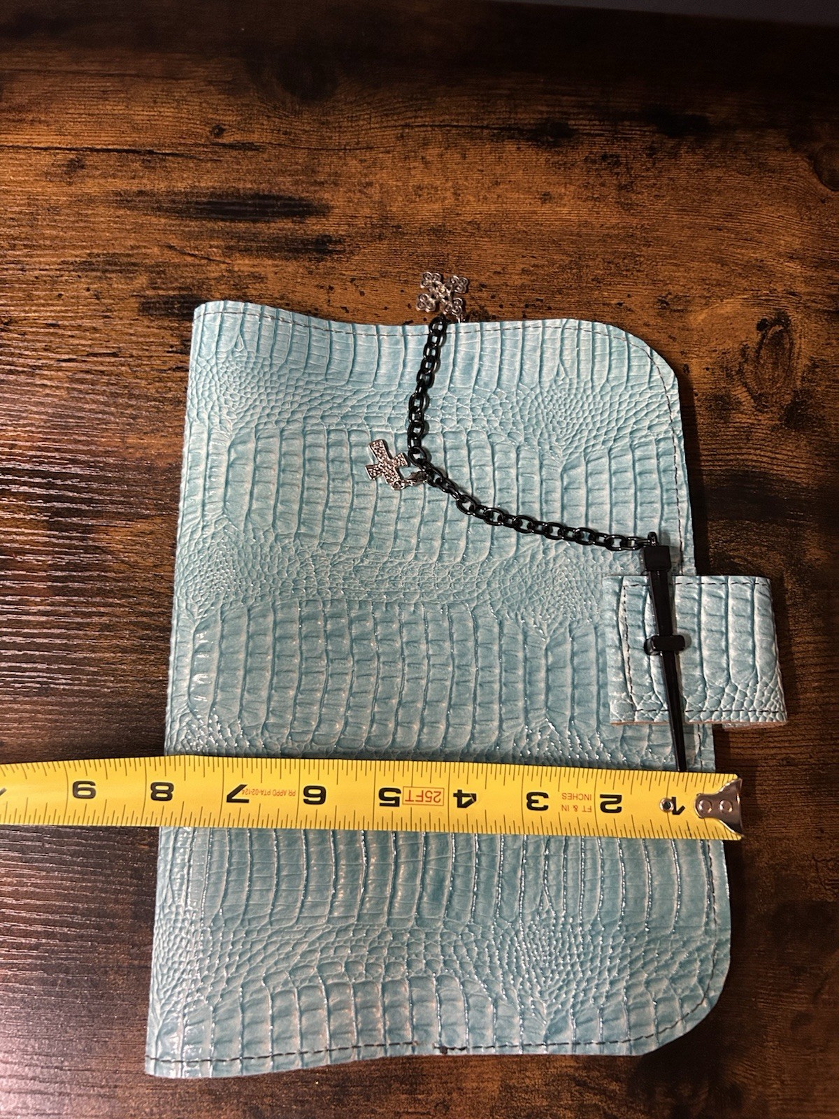 Turquoise Faux Croc Leather Journal Cover Western Style Notebook Holder w Chain
