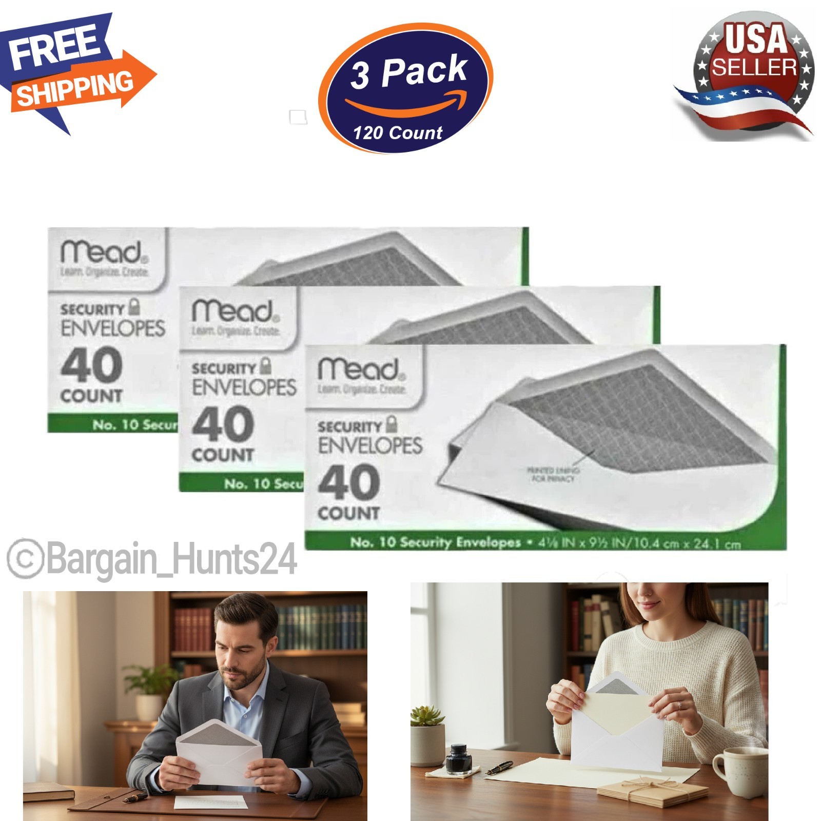 120Ct. Mead Security #10 Envelopes, Letter Size 4-1/8″ x 9-1/2″, White (Pk of 3)