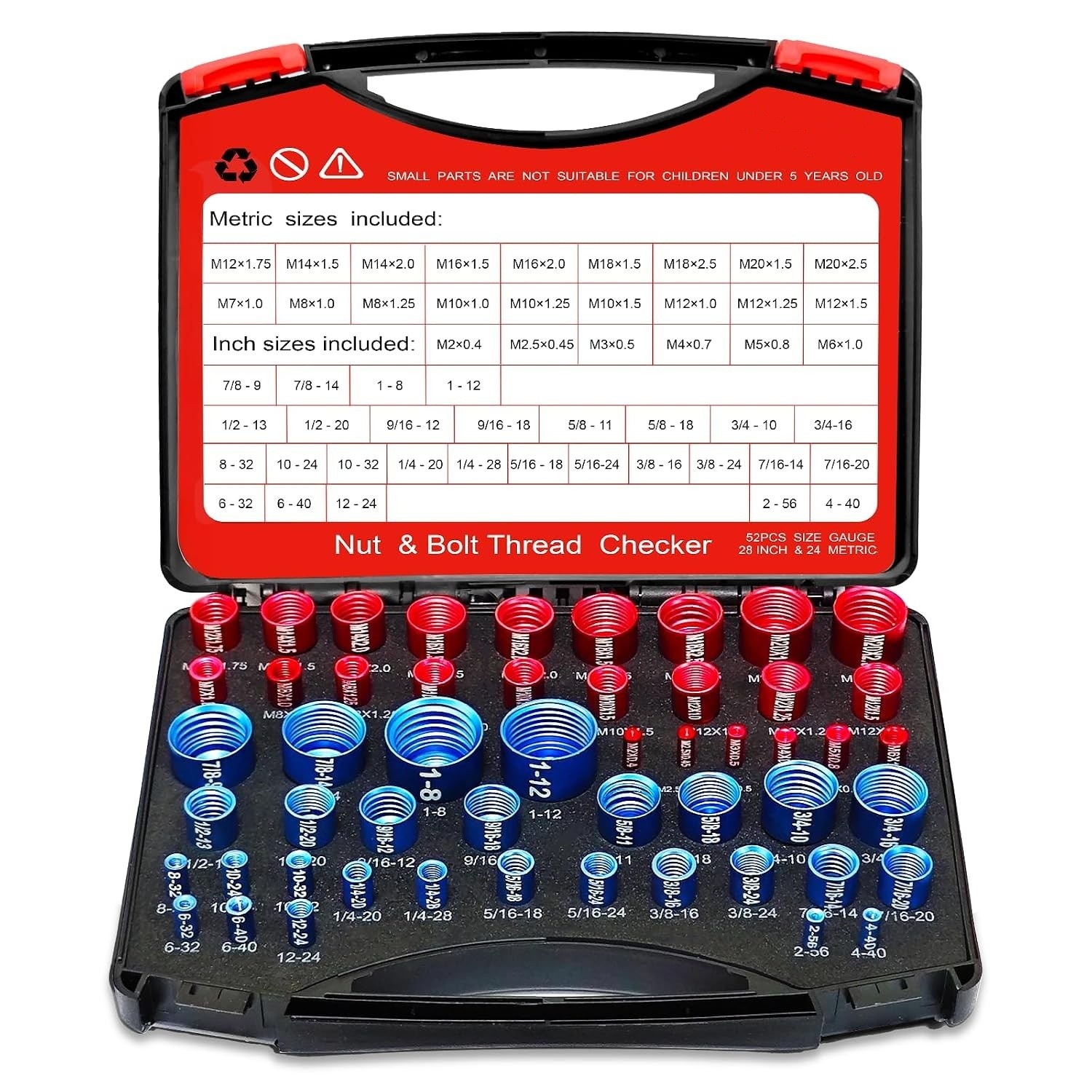52Pcs Nut and Bolt Thread Checker 24 Metric + 28 SAE Inch Thread Gauge Set, Deta