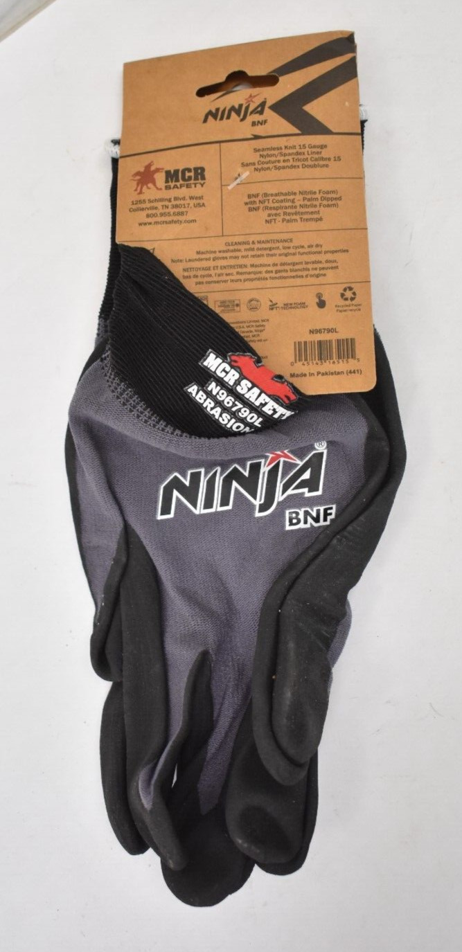 MCR Safety Ninja BNF Nylon Nitrile Coated Palm Fingertips Gloves Large Size