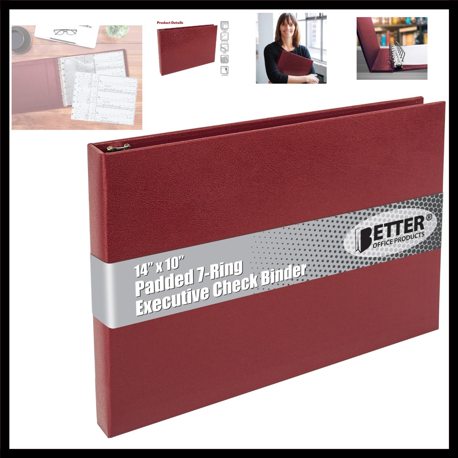 7 Ring Executive Check Binder with Zipper Pouch, Padded Burgundy Textured Cov…