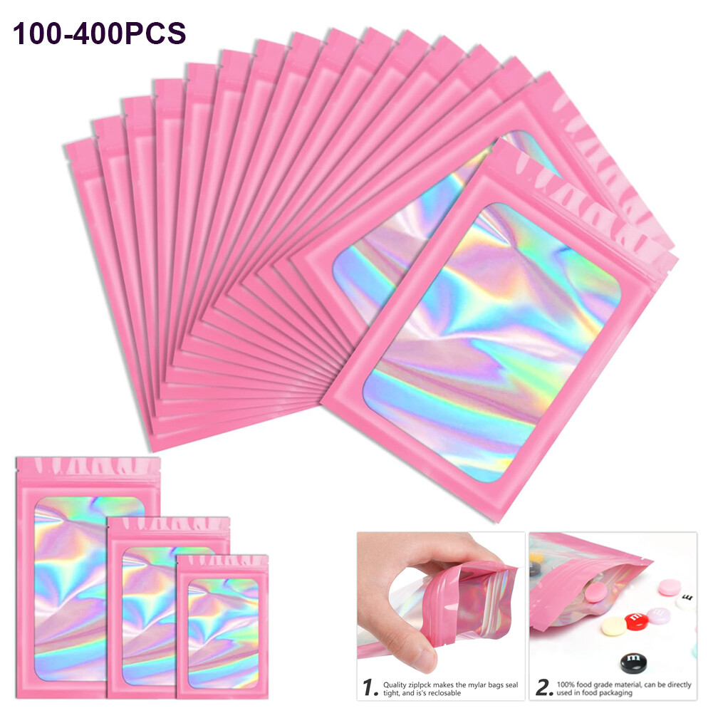 Smell Proof Mylar Bags Holographic Resealable Food Foil Pouches Zipper Lock Pink