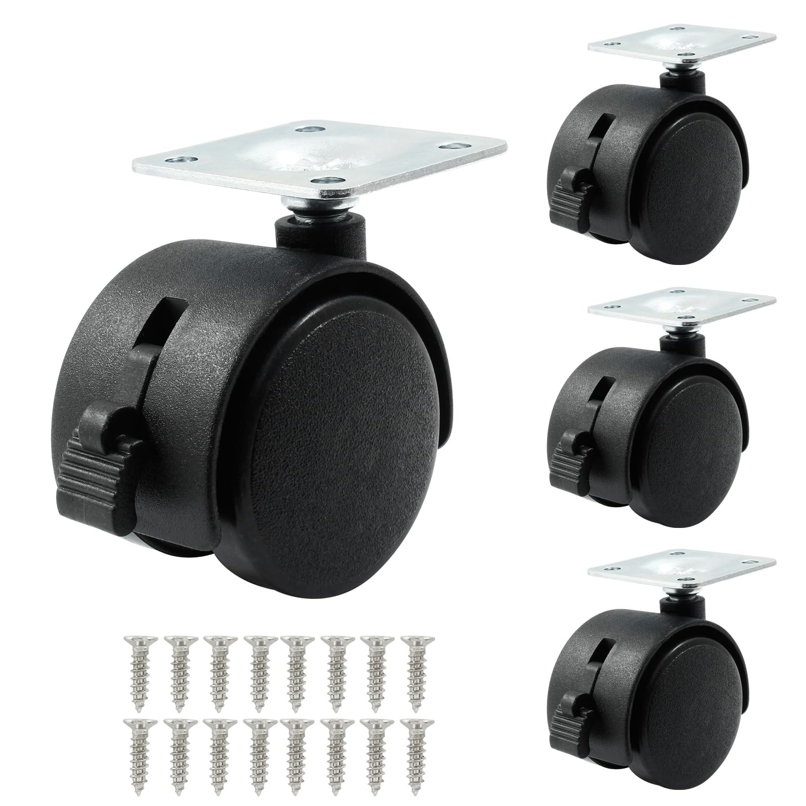 4 PCS 1.5 inch Black Nylon Swivel Caster Wheels with Brake Plate Casters