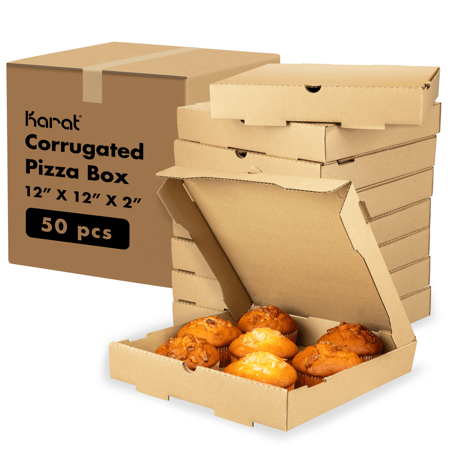 Karat Corrugated Pizza Box, 12”x12”x2”, Kraft – 50 pcs, FP-PBF12K