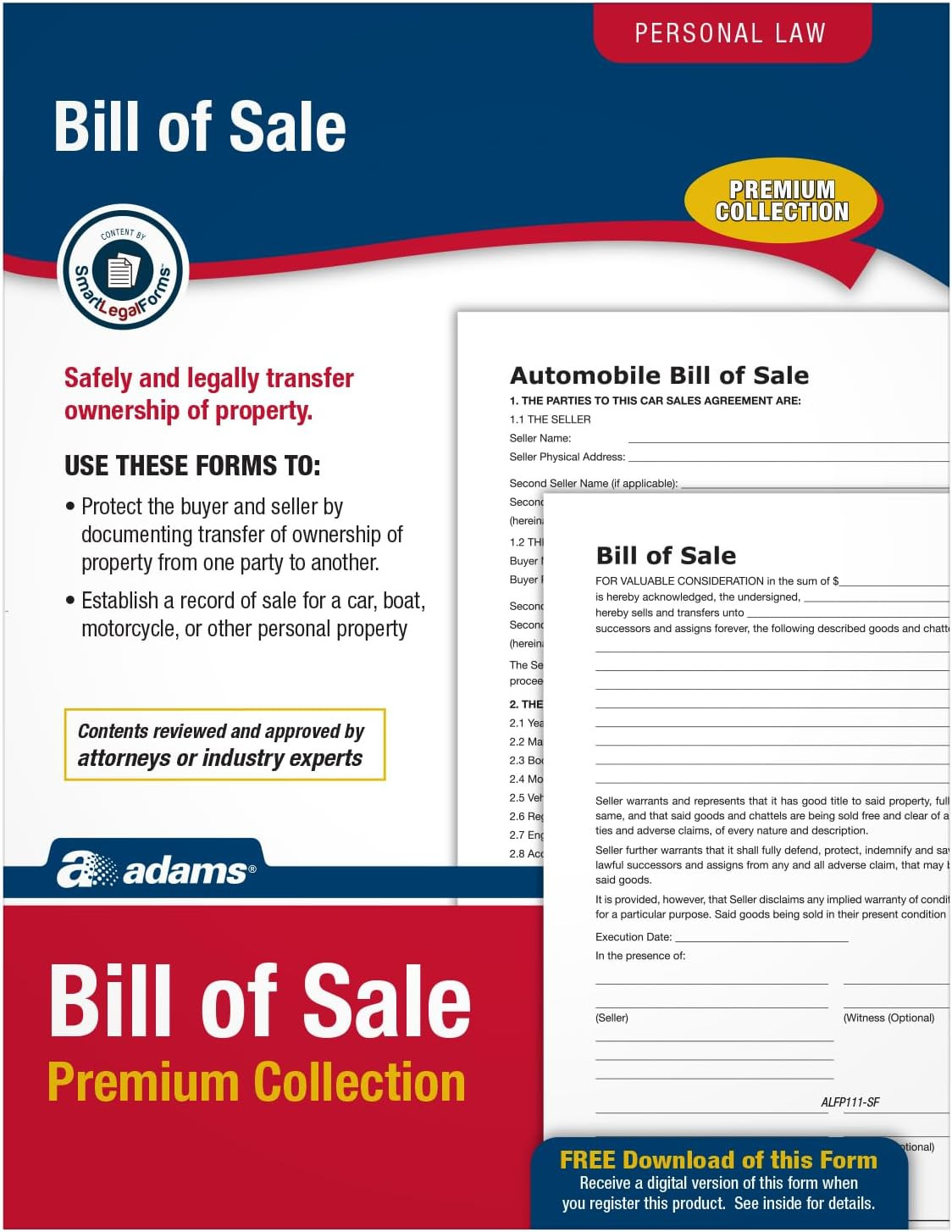 Bill of Sale Forms Pack, Includes 2 Motor Vehicle and 2 General Bills of Sale, 8