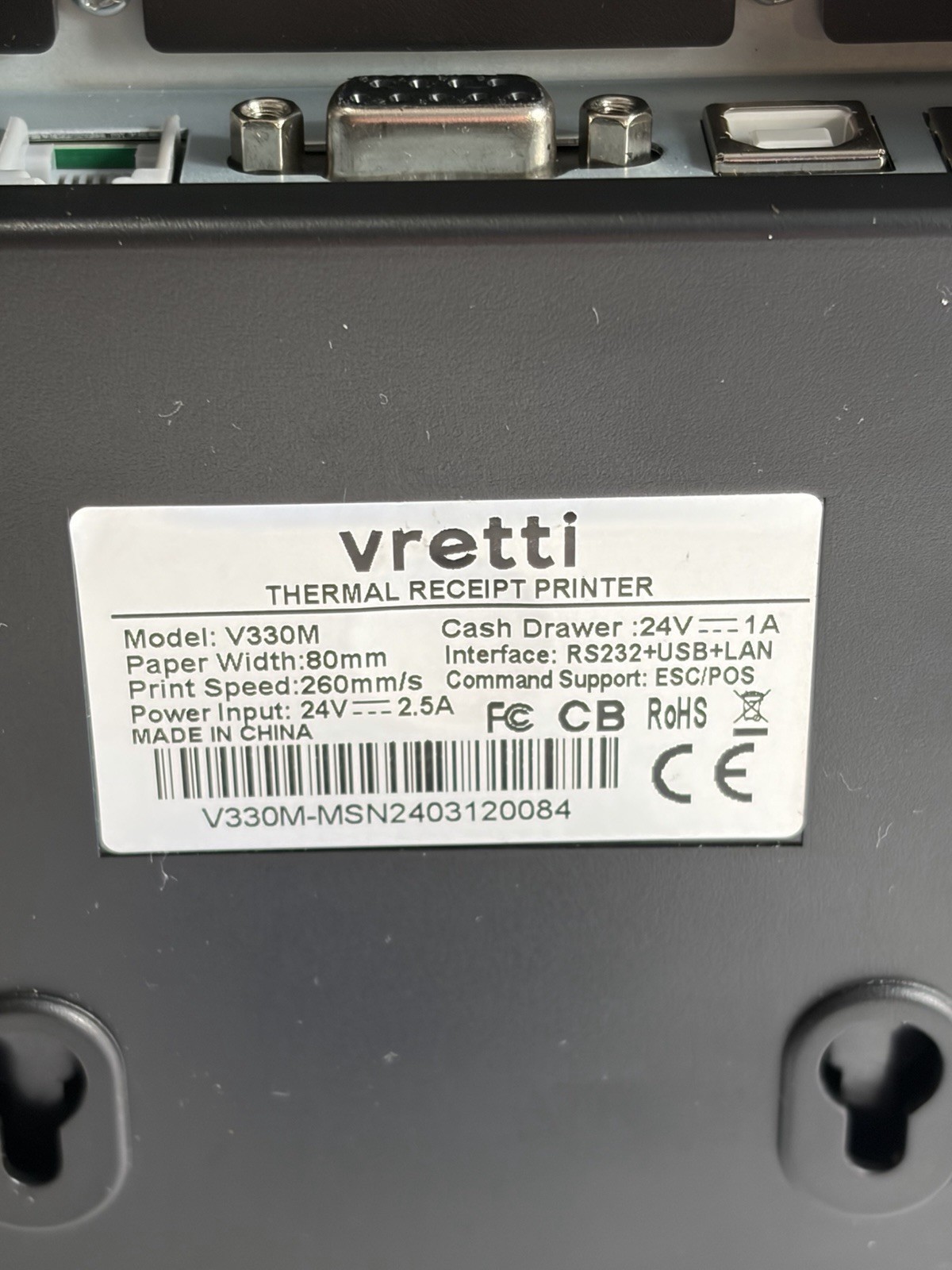 Vretti V330M Thermal Receipt printer Tested Works, Missing Power Supply READ