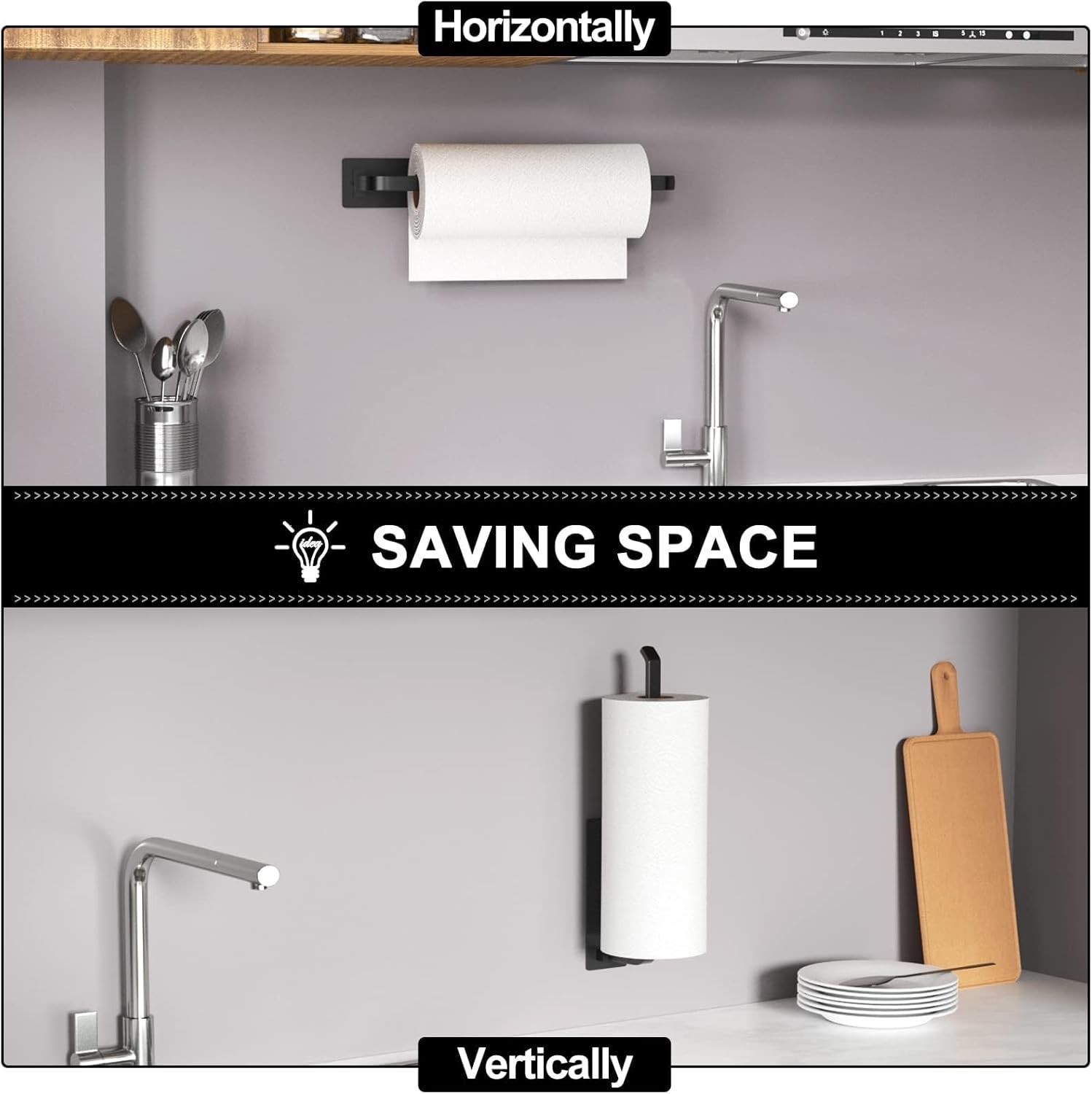 Matte Black Paper Towel Holder Self Adhesive Under Cabinet Kitchen Roll Dispense