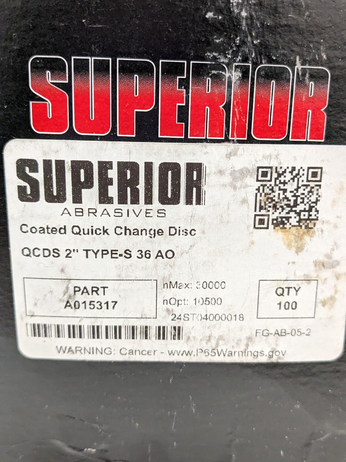 Superior Quick-Change Disc: Type S, 2″ Dia, 36 Grit, AO, Coated Qty 100 A015317