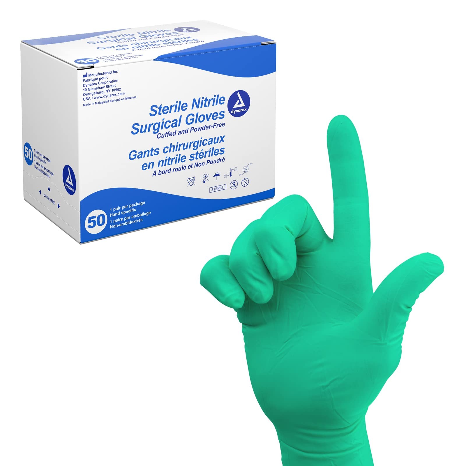 Dynarex Sterile Disposable Nitrile Surgical Gloves Latex Free for Medical Use