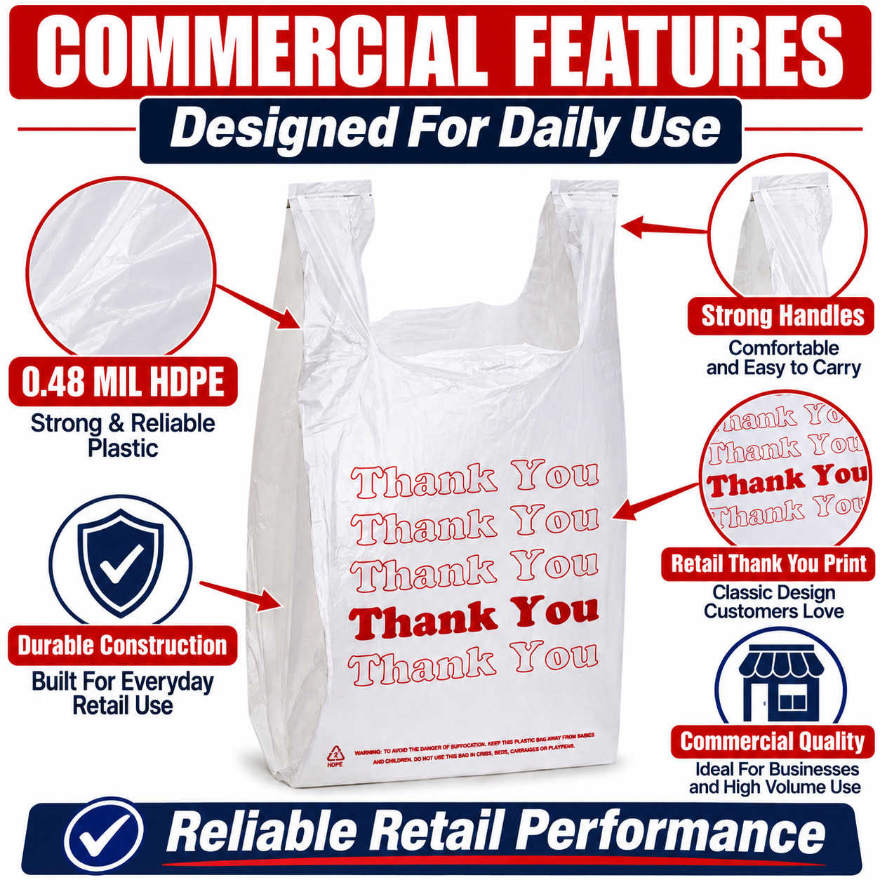 White Thank You Plastic Bags 11.5x6x21 0.48 Mil HDPE Retail Shopping Bags