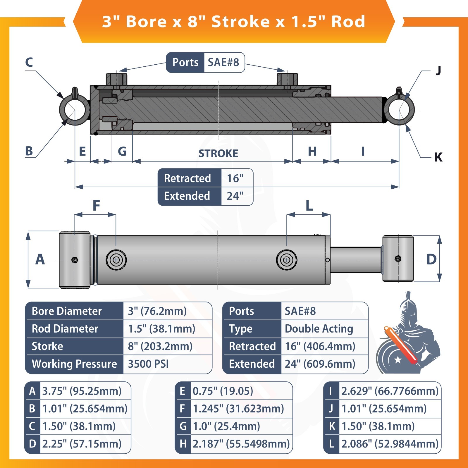 3×8 Hydraulic Cylinder 3″ Bore 8″ Stroke Double Acting Welded Cross Tube