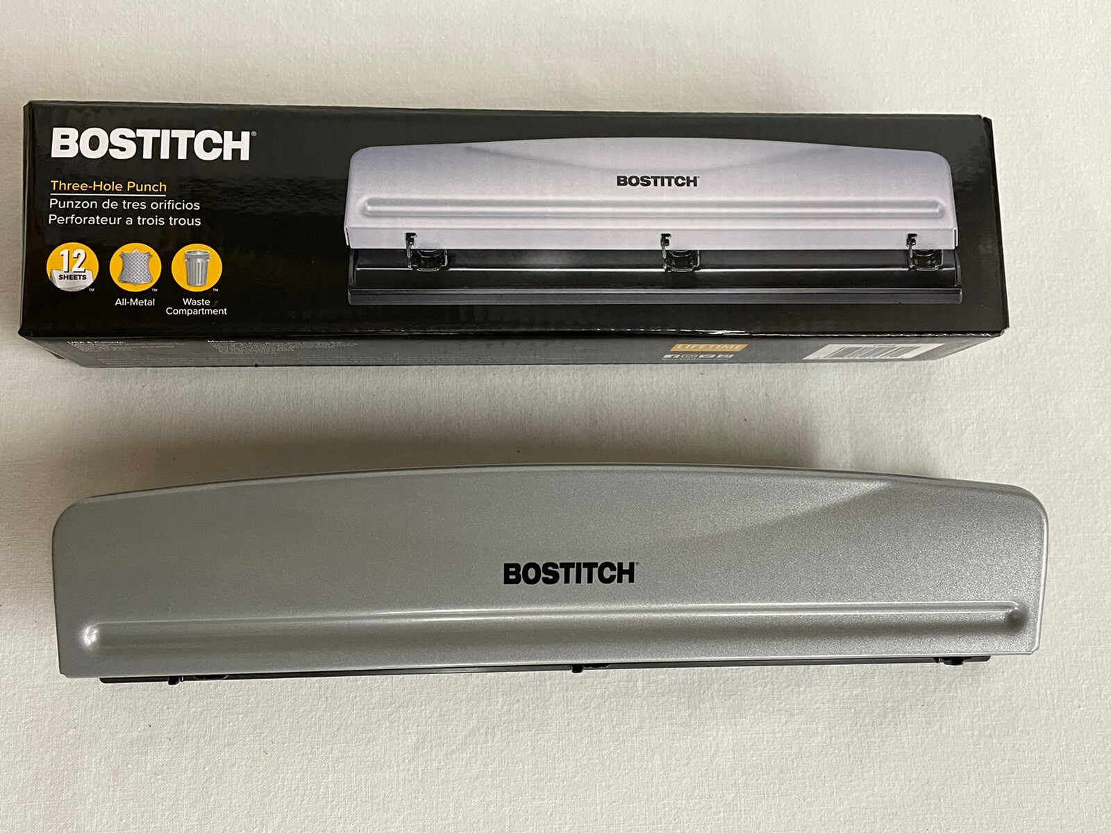 Bostitch 3 Hole Punch Metal Plastic Black Gray Paper Punch 12 Sheets Office