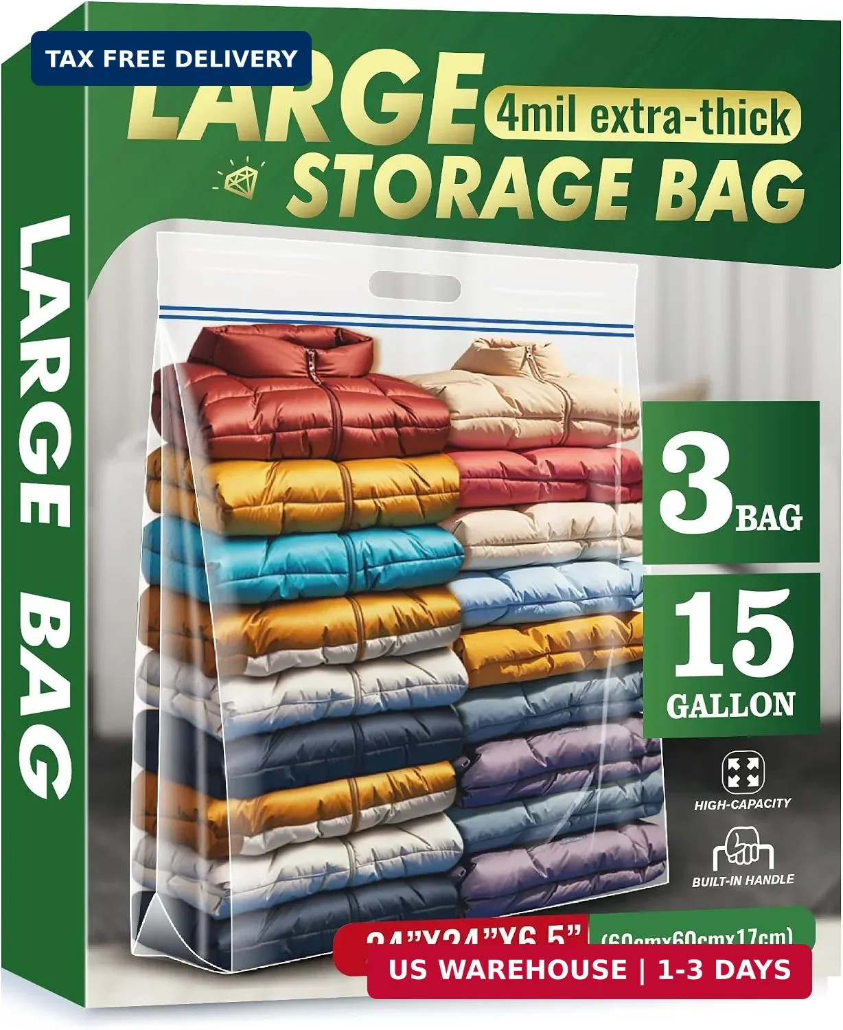 15 Gallon Large Storage Bags, 24″ x 24″ Clear Plastic Zipper Bags with Handle…