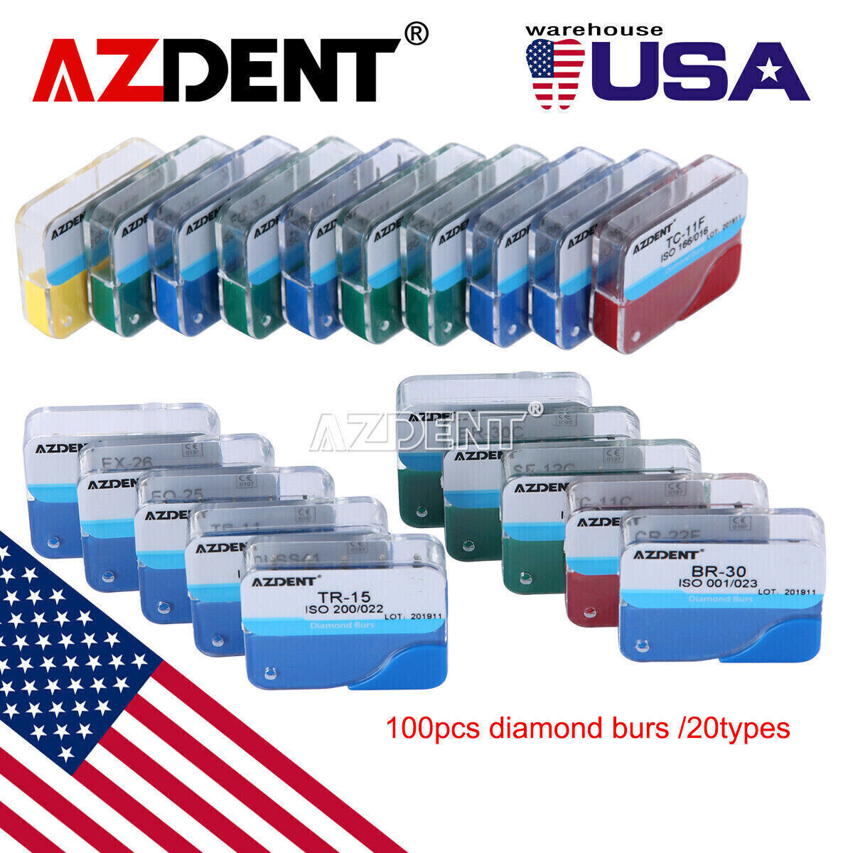 【USA】100Pcs Dental Diamond Burs for High Speed Handpiece Medium FG 1.6MM