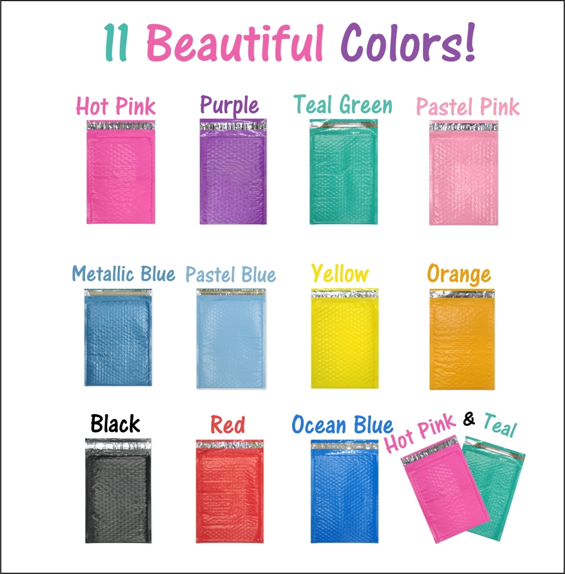 4×8 Hot Pink,Teal Poly Bubble Mailers, Colored Padded Shipping Mailing Envelopes