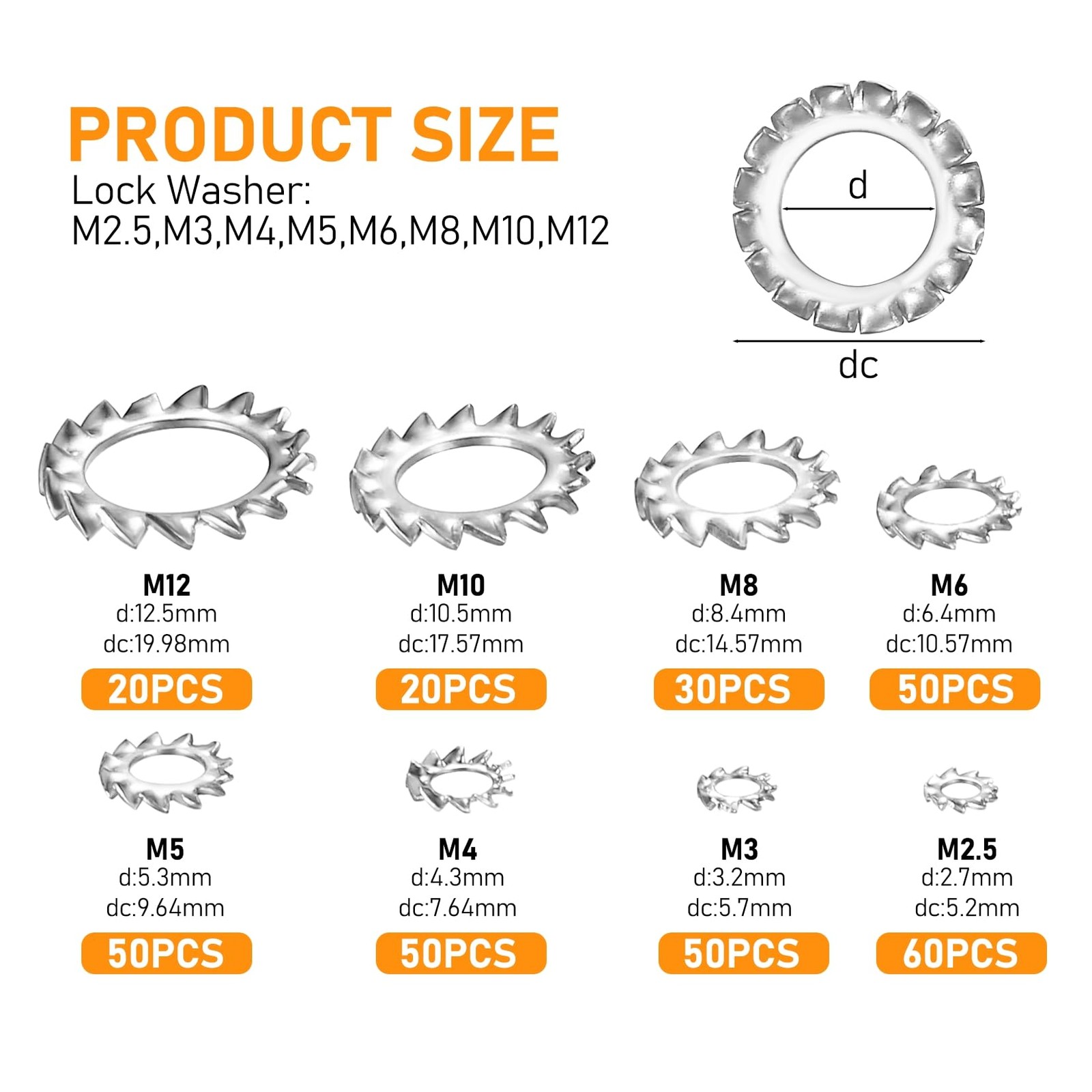 qxayxa 330 Pcs External 2.5mm, 3mm, 4mm, 5mm, 6mm, 8mm, 10mm, 12mm, Silver