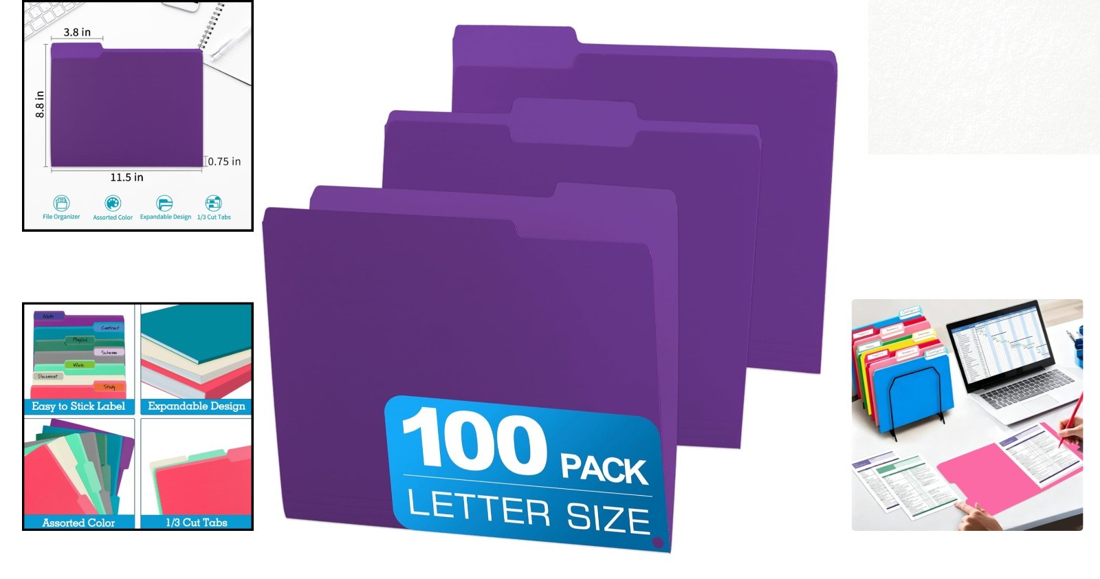100 Packs Purple Colored File Folders with 1/3 Cut Tabs – Perfect for Organiz…